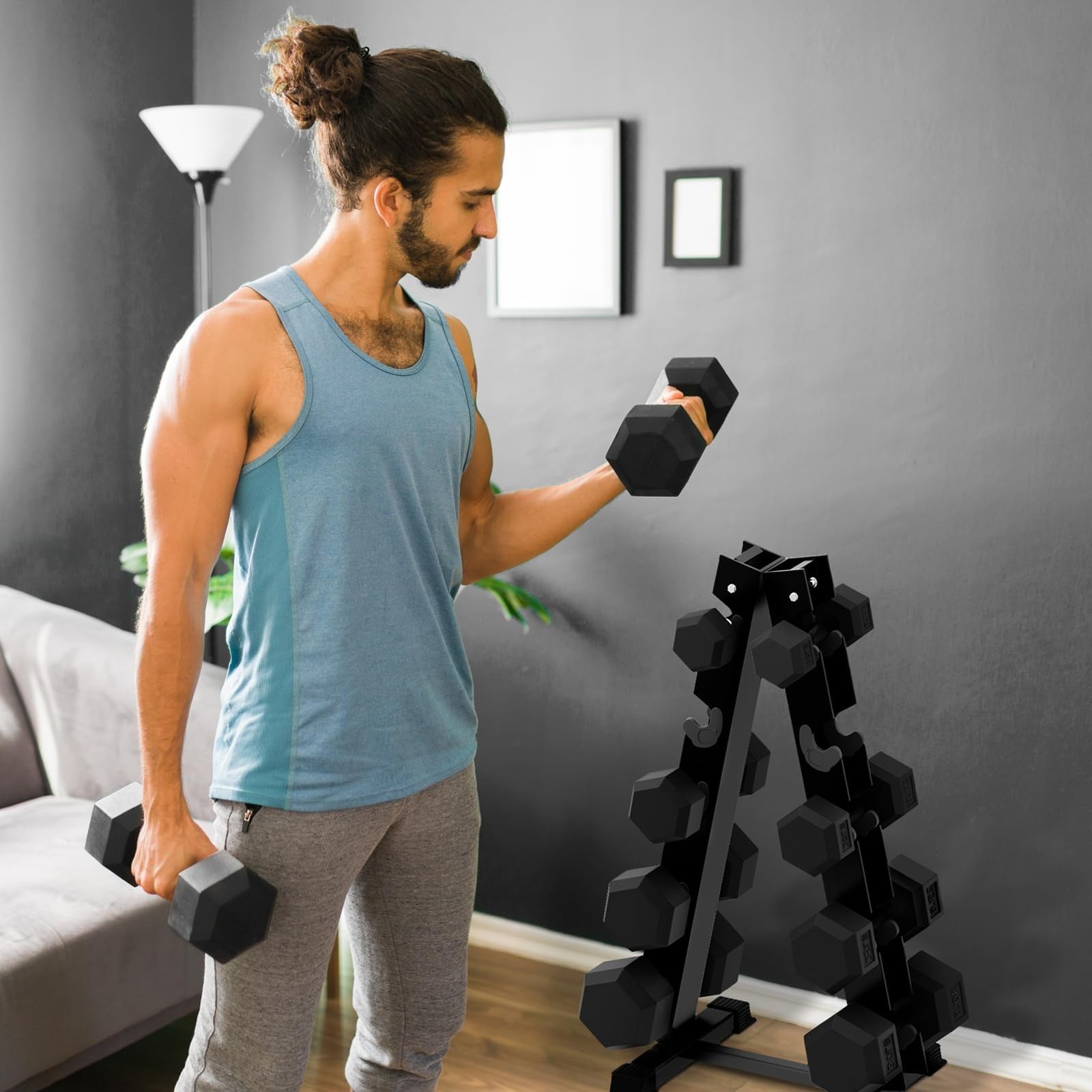 Pair of RitFit 10Lb rubber-encased dumbbells with optional storage rack for strength training and home workouts.