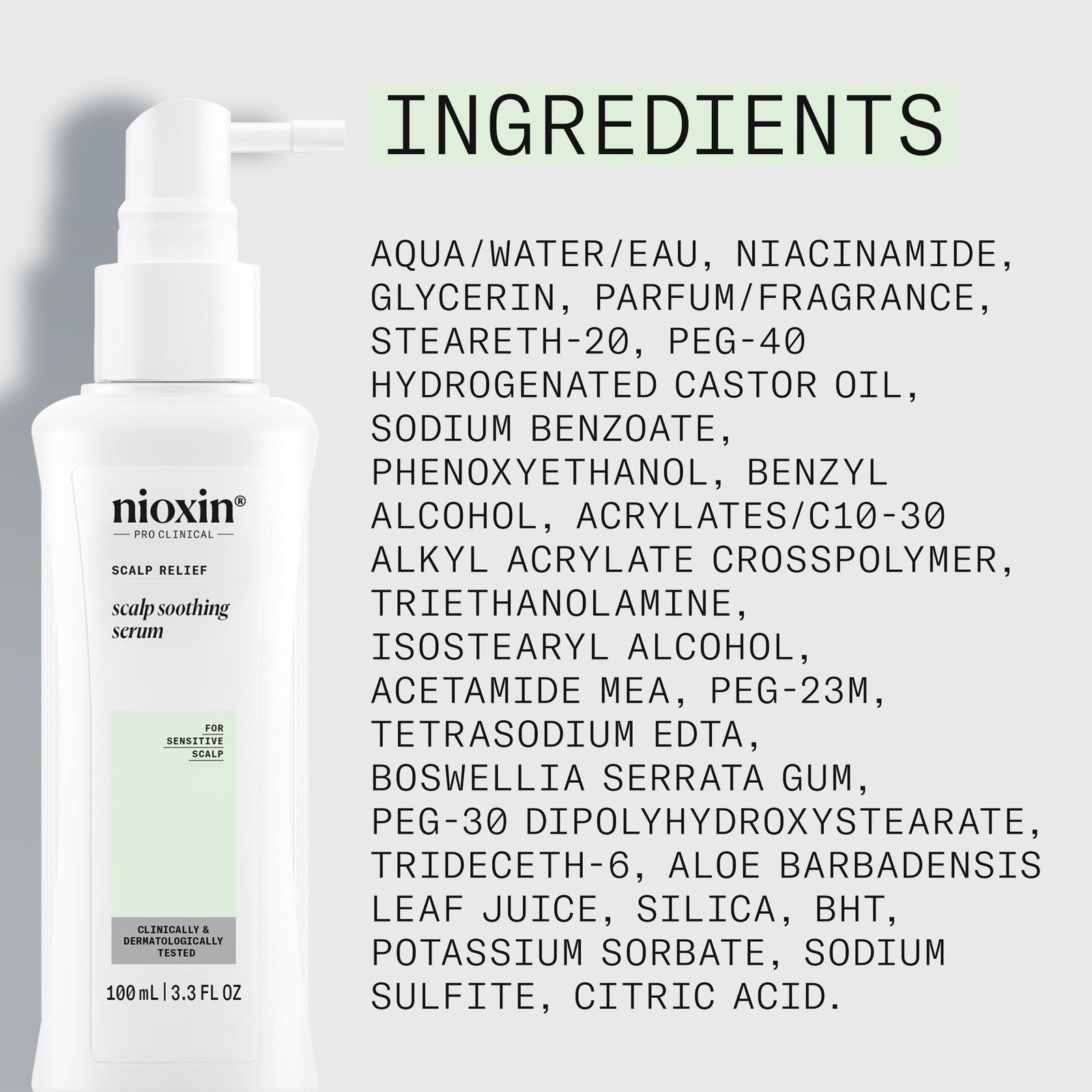 NIOXIN Scalp Relief soothing serum bottle and applicator for sensitive scalps, with a clean, minimal design.