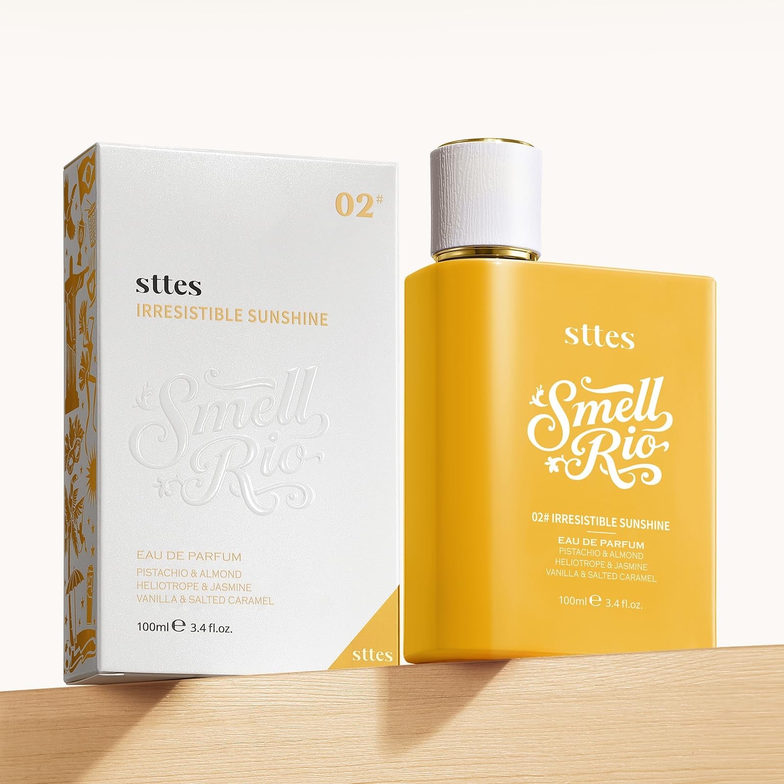 Sttes Perfume 02# Irresistible Sunshine with vanilla, salted caramel, and long-lasting fragrance in a sleek bottle.