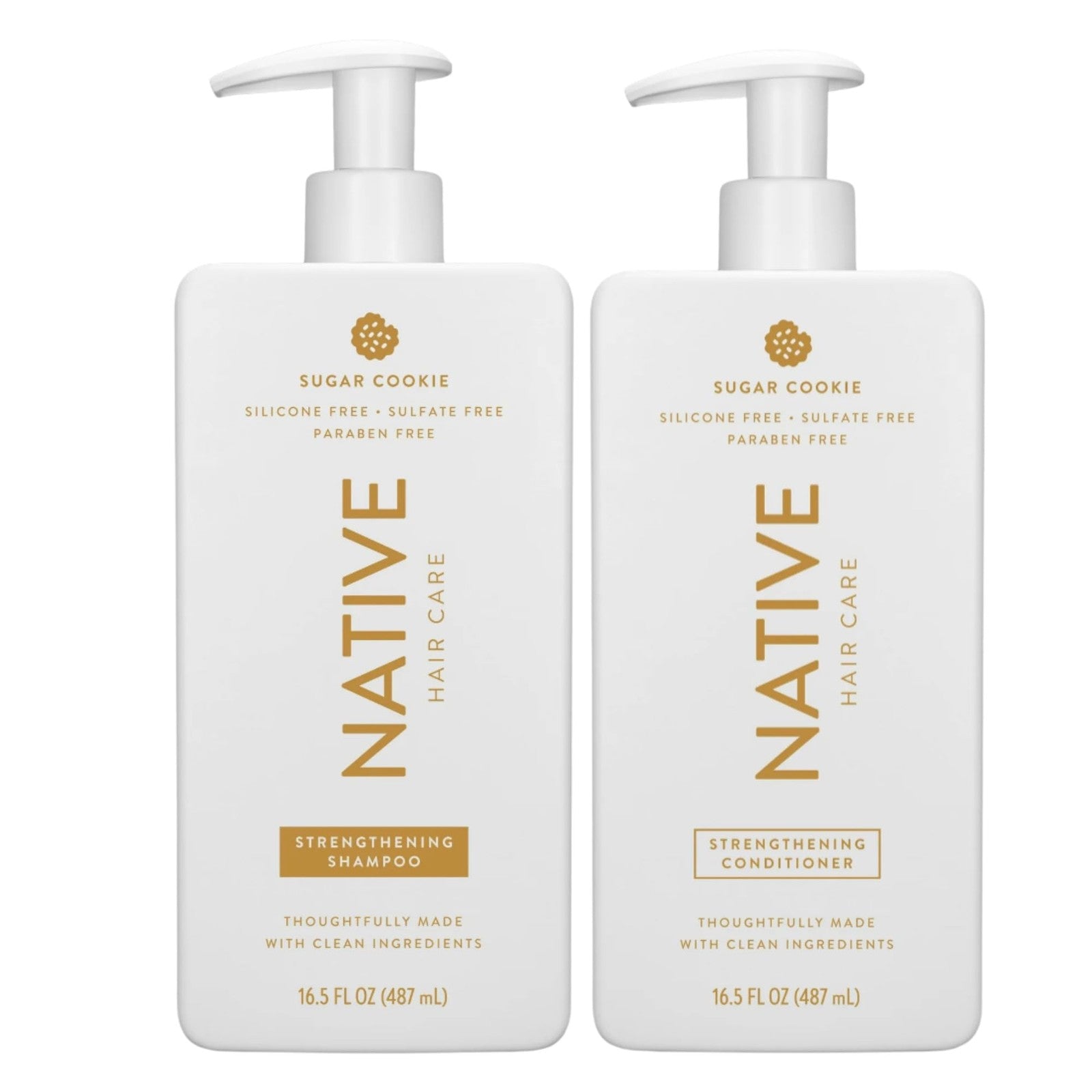 Native Shampoo and Conditioner set in Sugar Cookie scent, with sleek bottles and natural ingredients visible.
