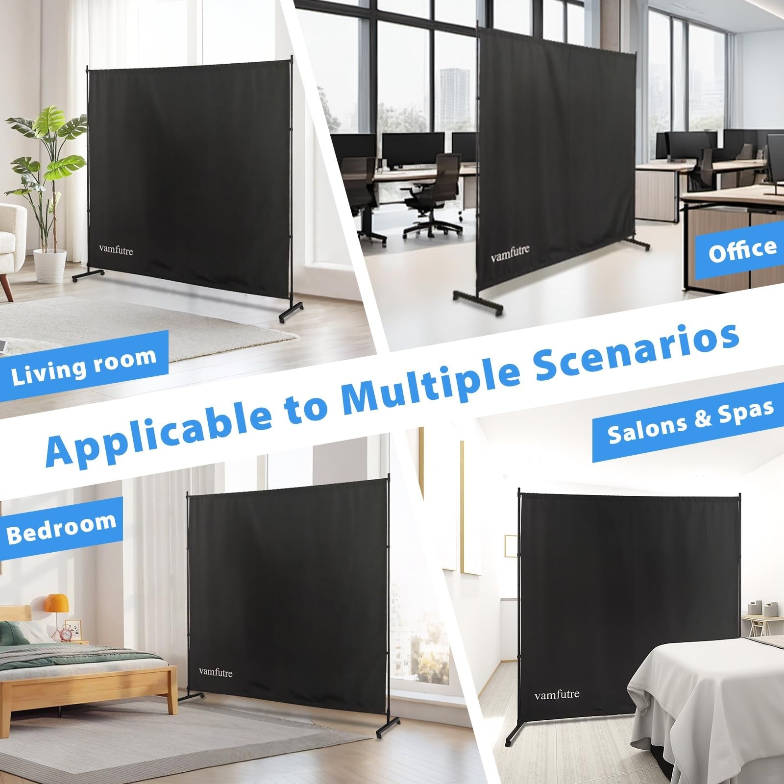 VAMFUTRE black 6ft 6in single panel room divider privacy screen with caster wheels, ideal for creating private spaces