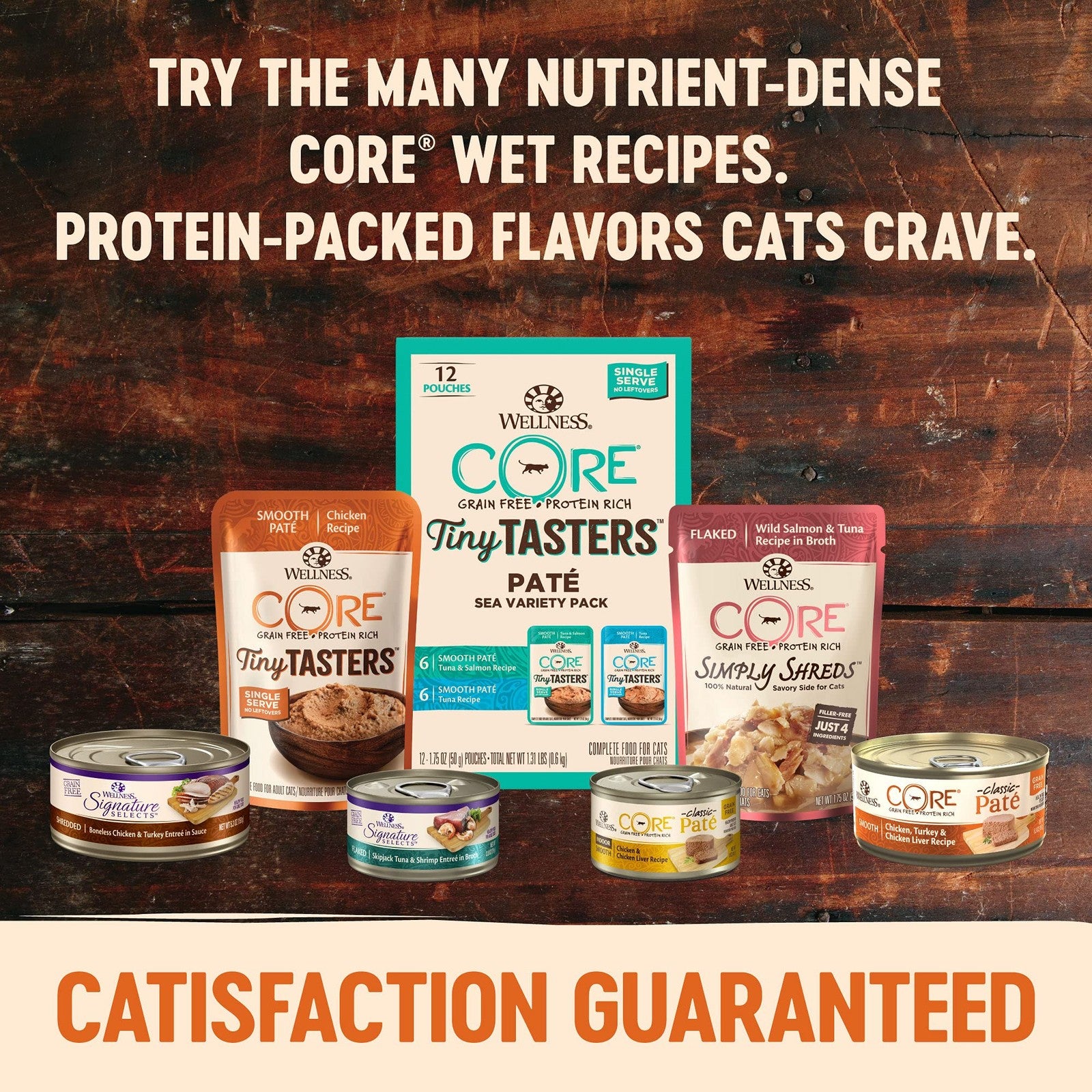 Cans of Wellness CORE Signature Selects flaked wet cat food with seafood and poultry, showcasing the variety pack for cats.