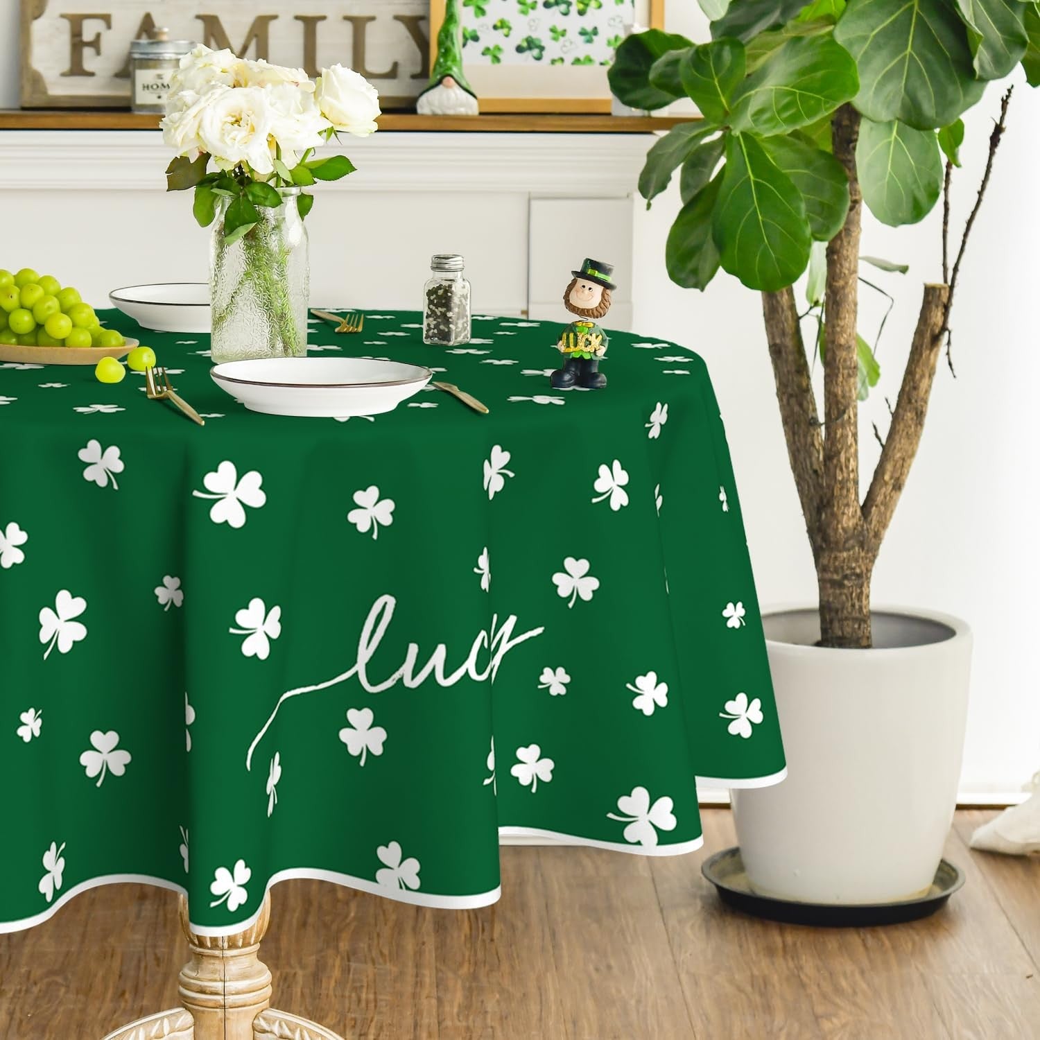 Horaldaily St. Patrick's Day round tablecloth with green Irish clover shamrocks, 90×90 inches, festive Irish-themed decor.