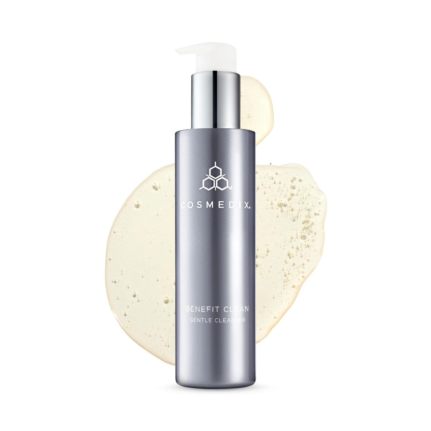 COSMEDIX Benefit Clean gentle face wash gel in a clear pump bottle, showcasing its hydrating cleanser formula for women and men.