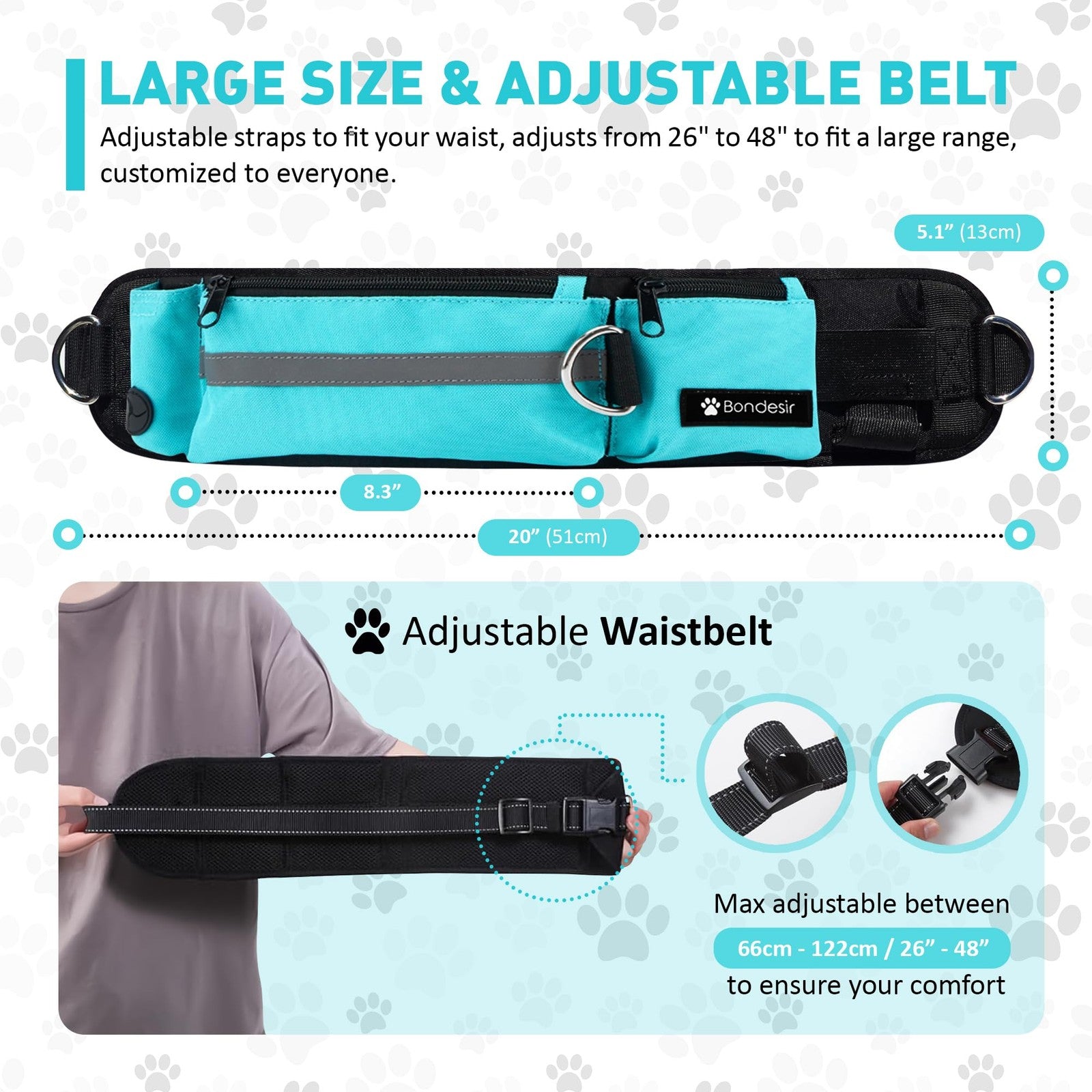 BONDESIR waist leash for double dog walking with shock absorption, suitable for small, medium, and large dogs, shown in use.