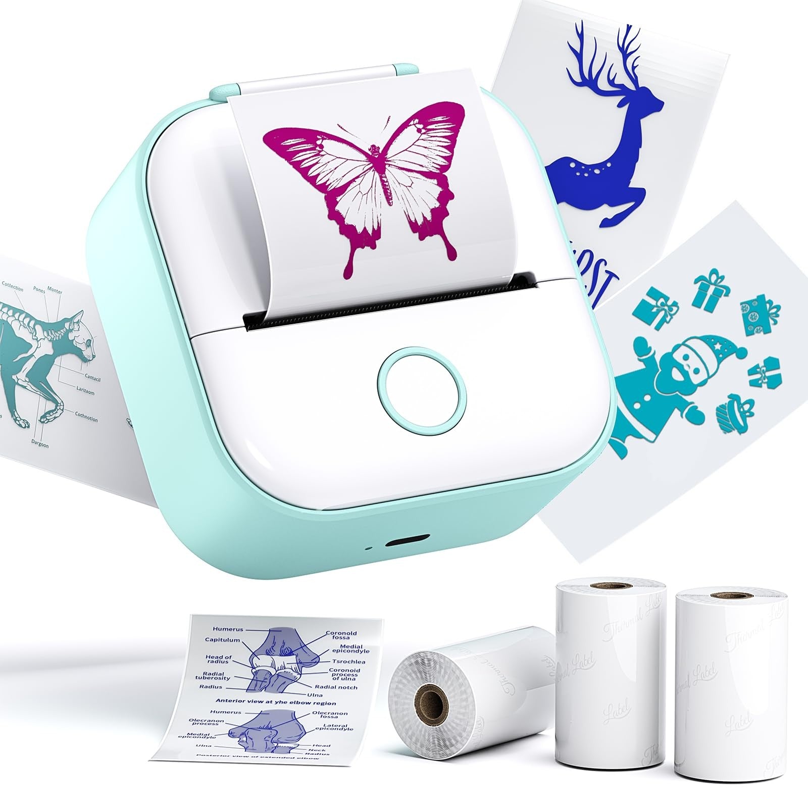 Phomemo Sticker Printer T02 mini label maker with print pods, showing three rolls of colorful adhesive stickers.