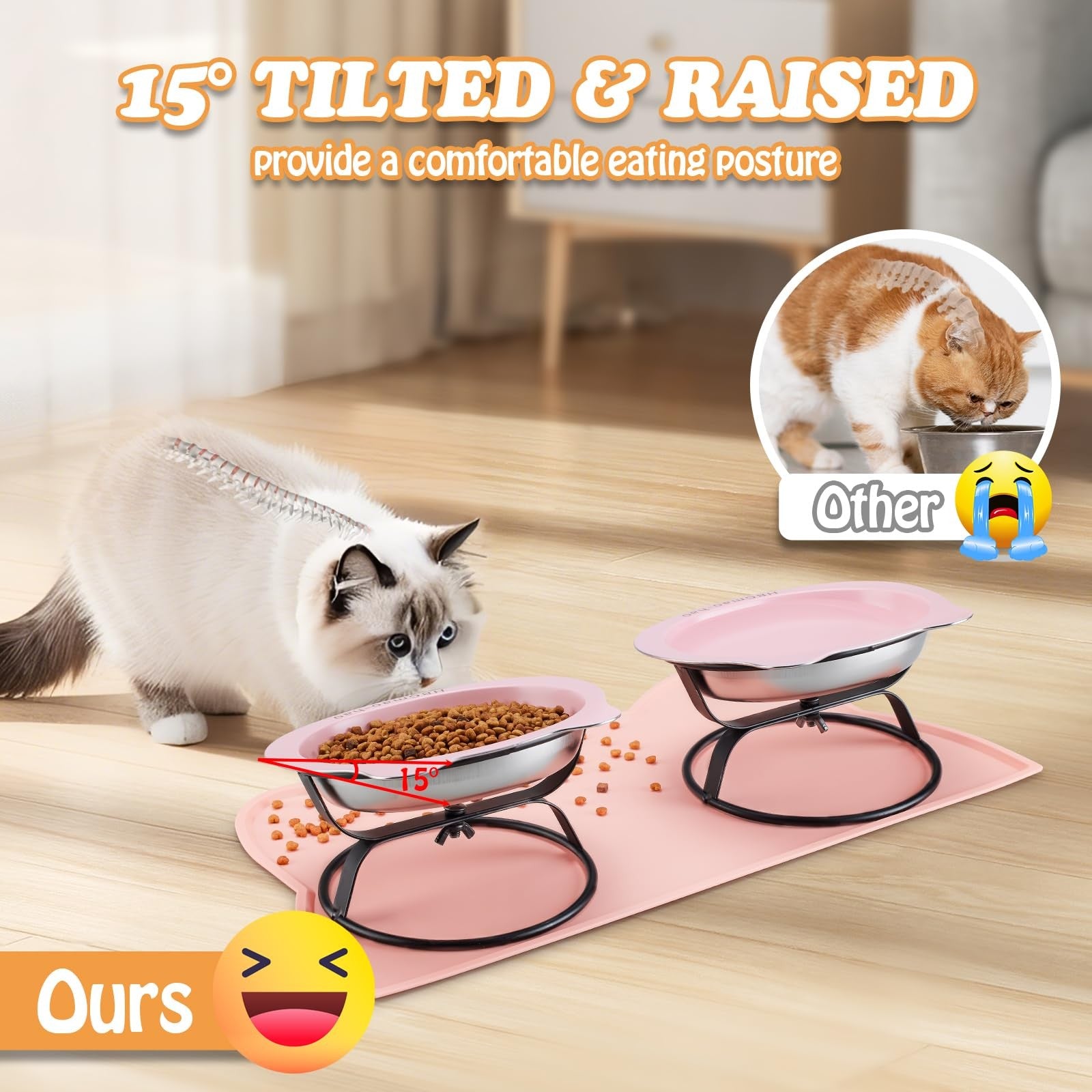HBGmao-hao elevated stainless steel cat bowls with food mat and metal stand, 7.1 inches wide, designed for easy feeding.