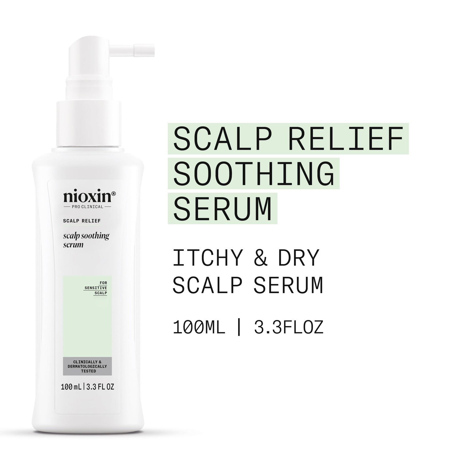 NIOXIN Scalp Relief soothing serum for sensitive scalps, showing the leave-in treatment bottle with applicator in hand.
