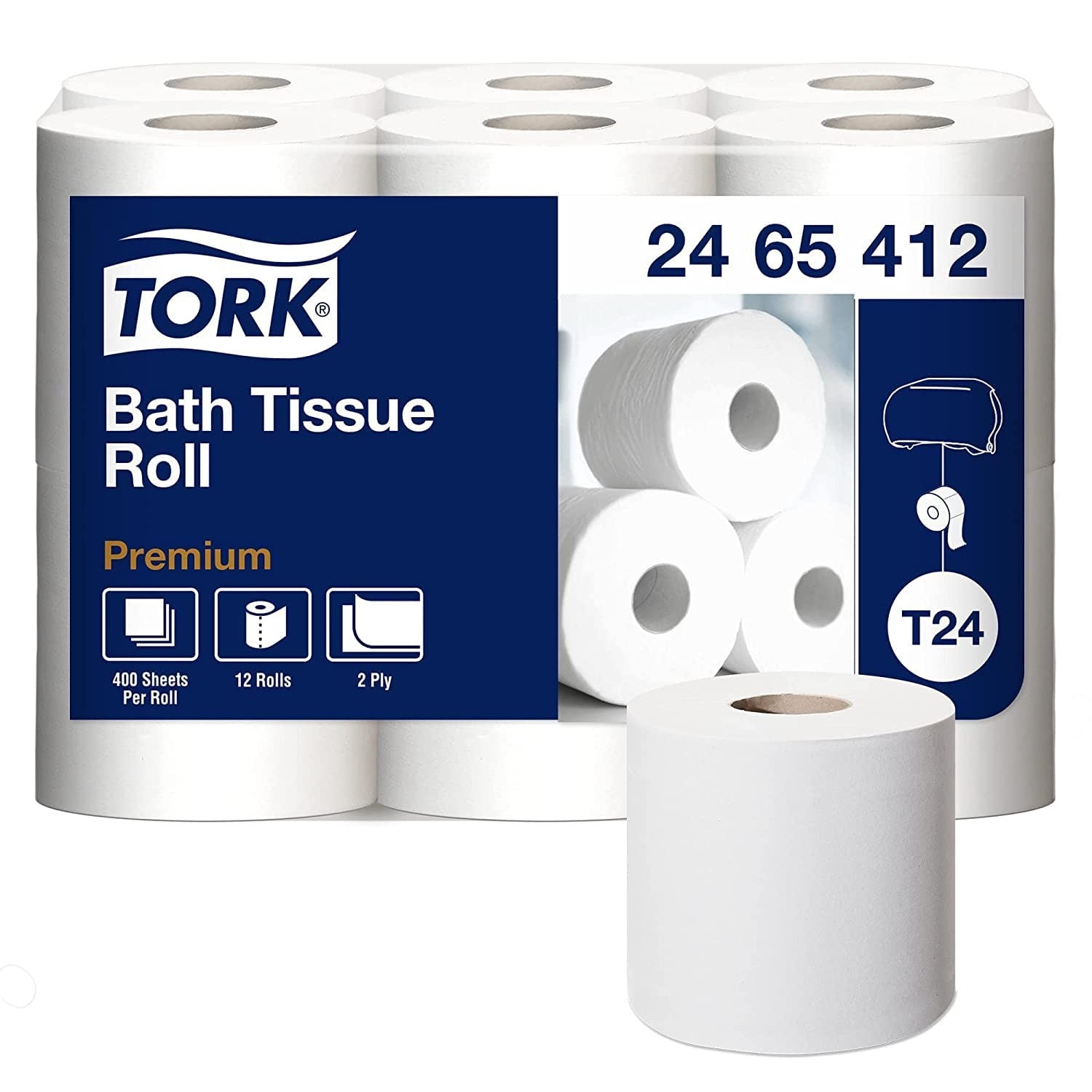 Tork Premium 2-ply bath tissue roll, soft toilet paper, 12-pack of extra soft Tork toilet paper rolls.