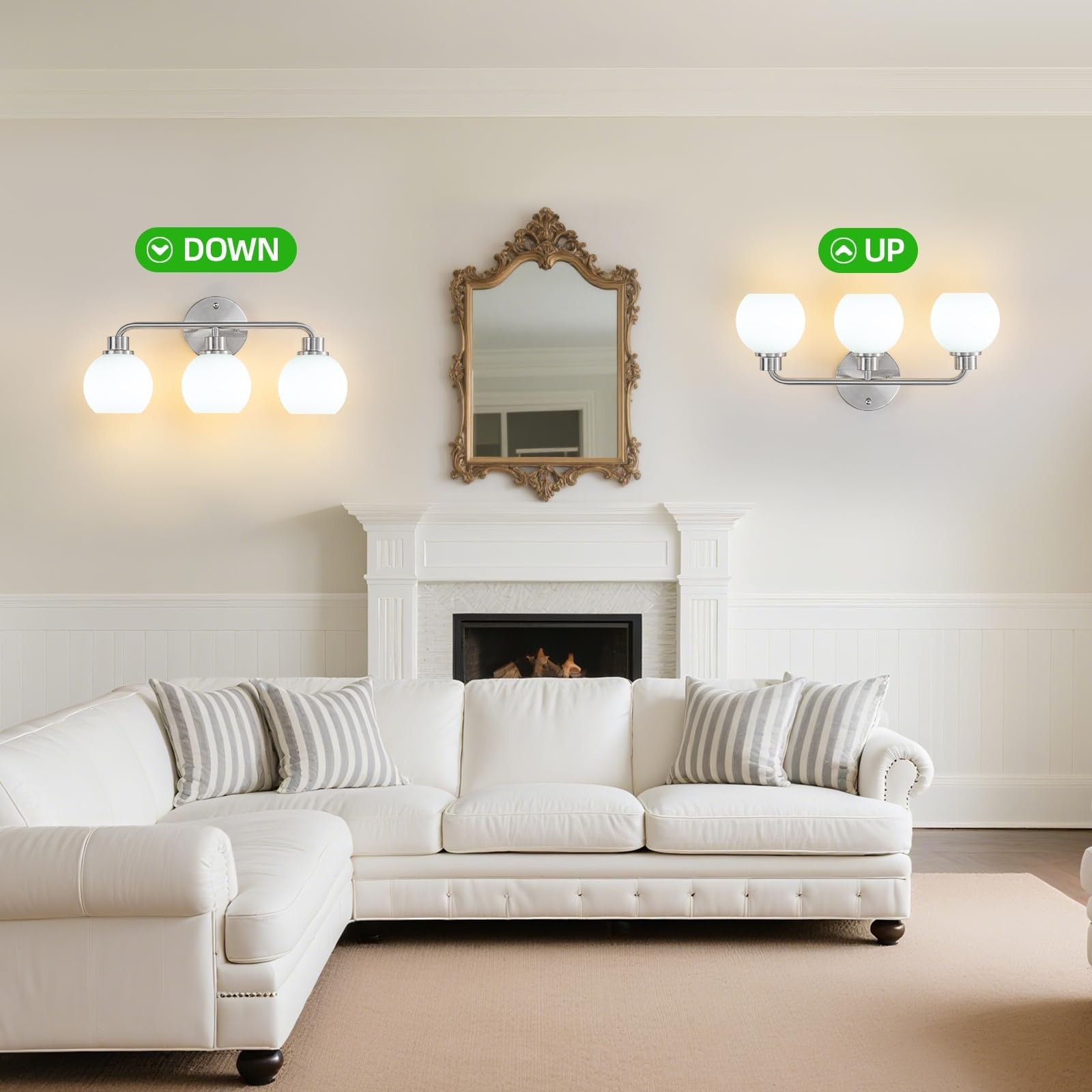 Watyo brushed nickel bathroom vanity light fixture with three wall sconces, modern design for bathroom illumination.