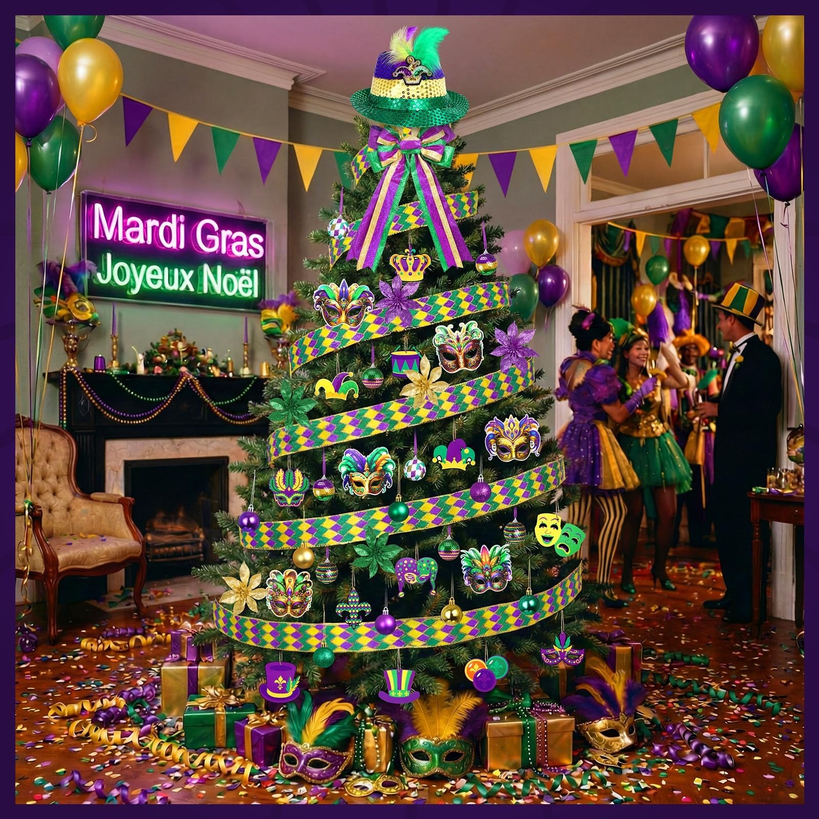 Halfchet 43-piece Mardi Gras theme tree decoration with hanging ornaments for festive Mardi Gras celebrations.