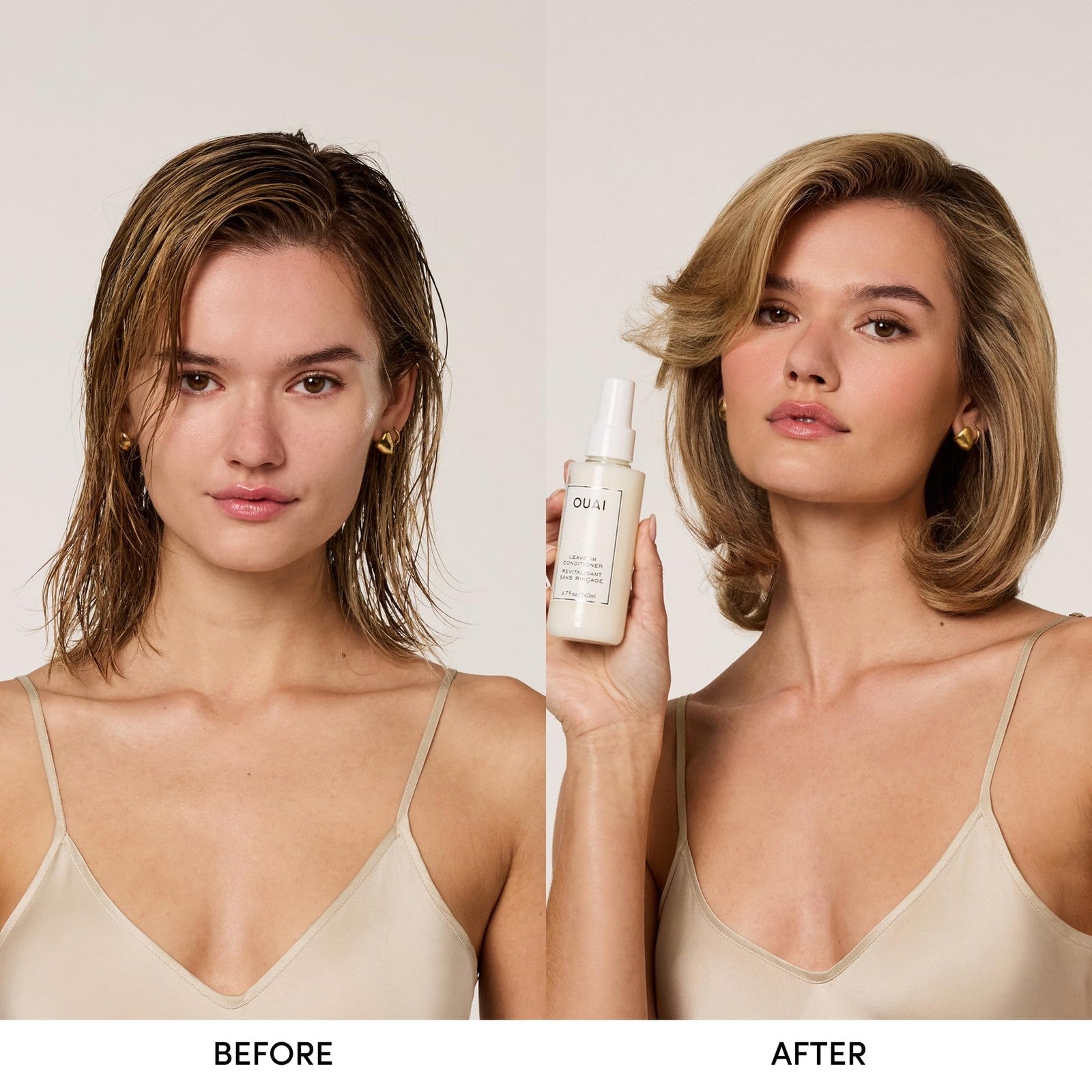 OUAI Leave-In Conditioner Heat Protectant Spray in 4.7oz bottle, visible with spray nozzle and sleek packaging, detangles and adds shine.