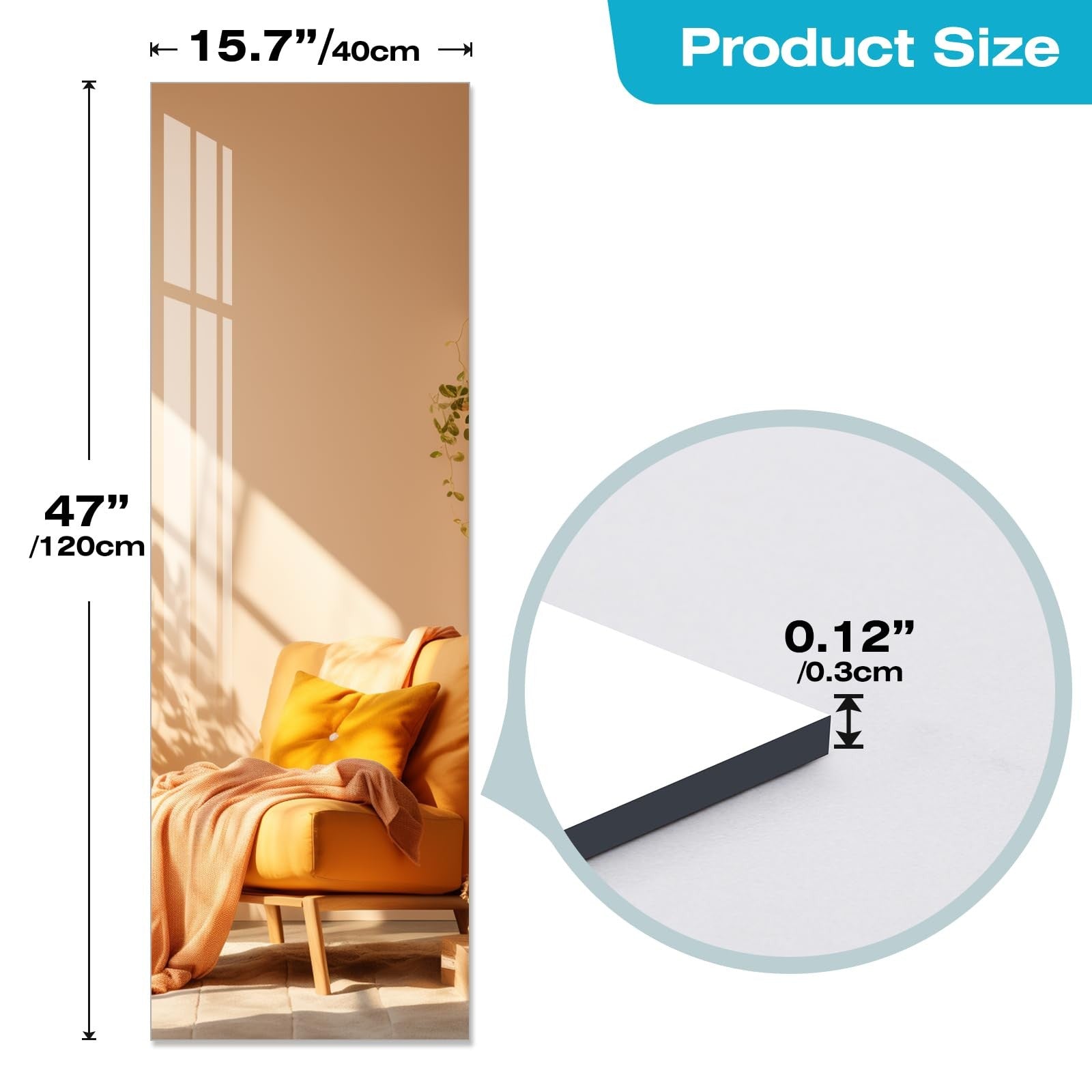 Acrylic shatterproof wall-mounted full-length fitness mirror by DEHWFT, measuring 47.25x15.75 inches, reflecting a gym space.