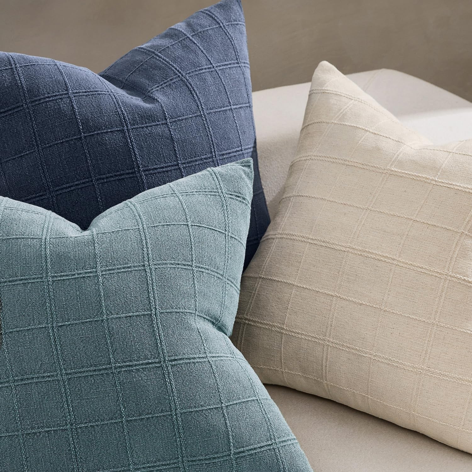 Woaboy linen check throw pillow cover in blue-gray farmhouse modern boho vintage style, featuring a textured check pattern.
