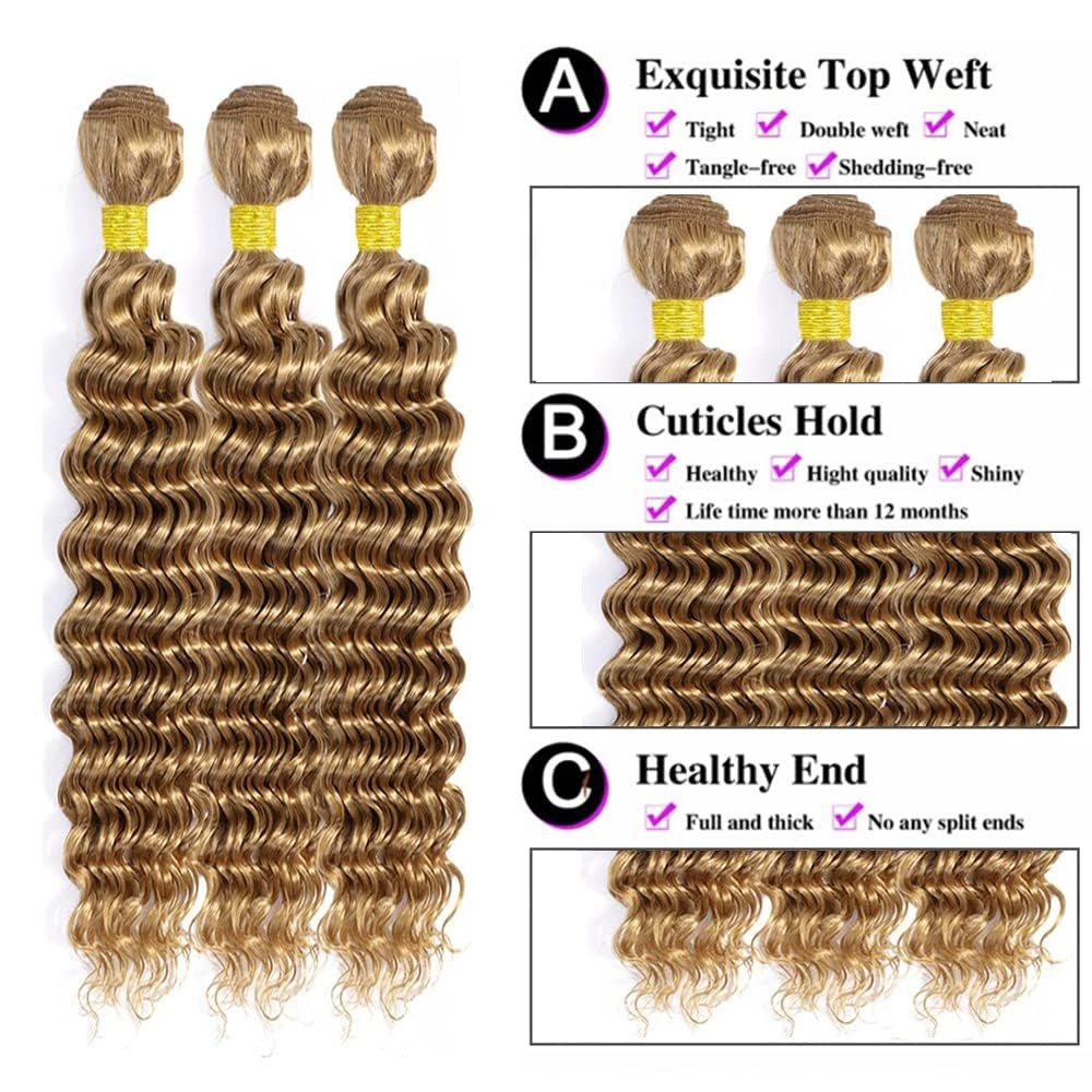 Biliisyff 27-inch honey blonde deep wave human hair bundles from Brazil, showcasing shiny, textured deep wave hair.