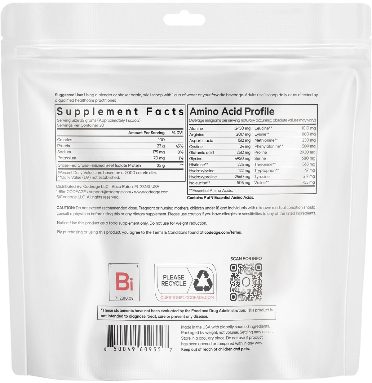 Grass-fed beef isolate protein powder supplement with 20 amino acids, shown in a natural scoop and powder form.