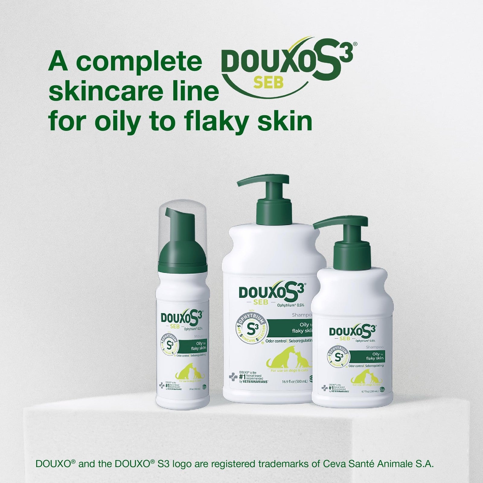 Douxo S3 Seb shampoo bottle with Ophytrium for odor control and sebo-regulation, designed for pet skincare.