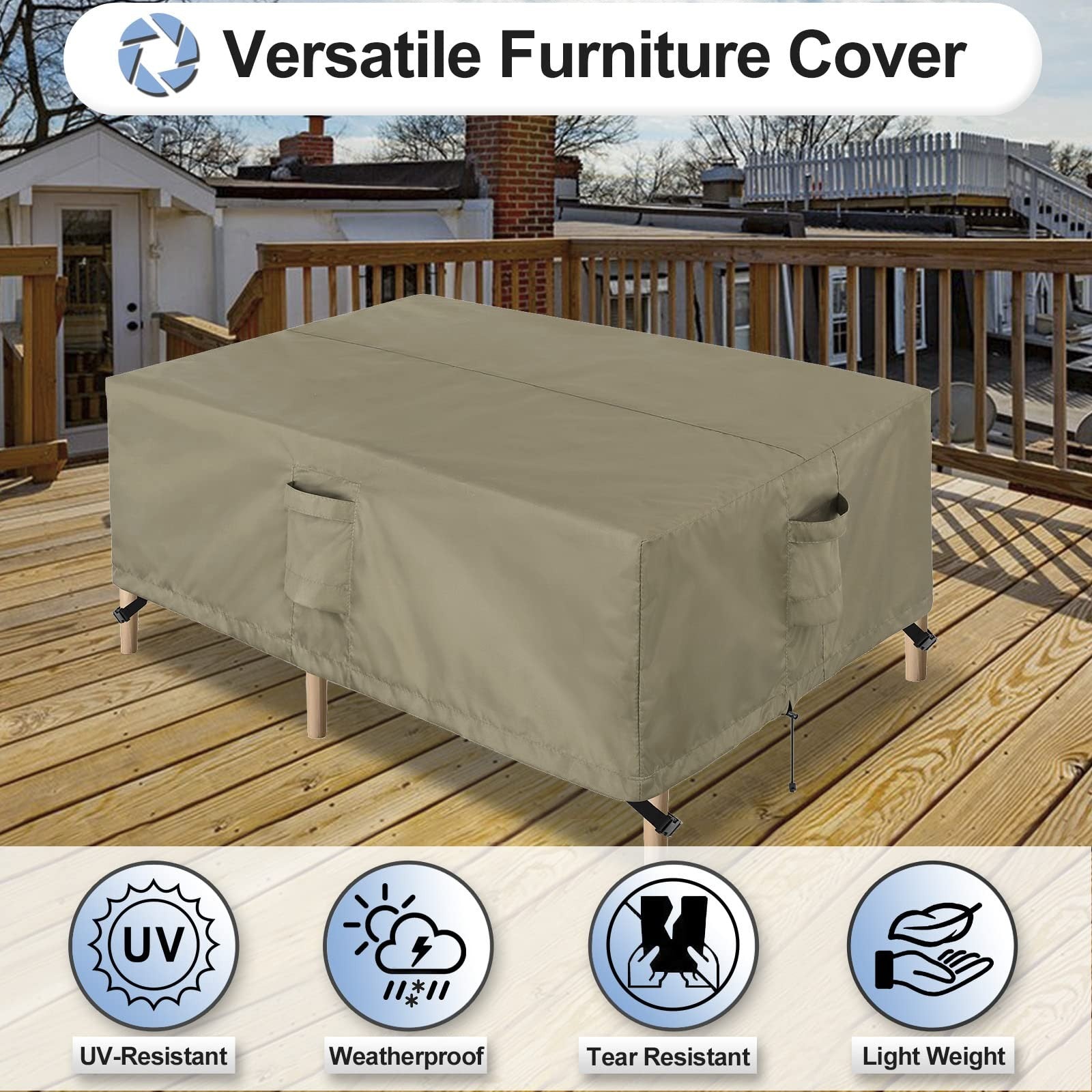 OutdoorLines waterproof rectangular patio table furniture cover protecting outdoor table and chairs from weather damage.