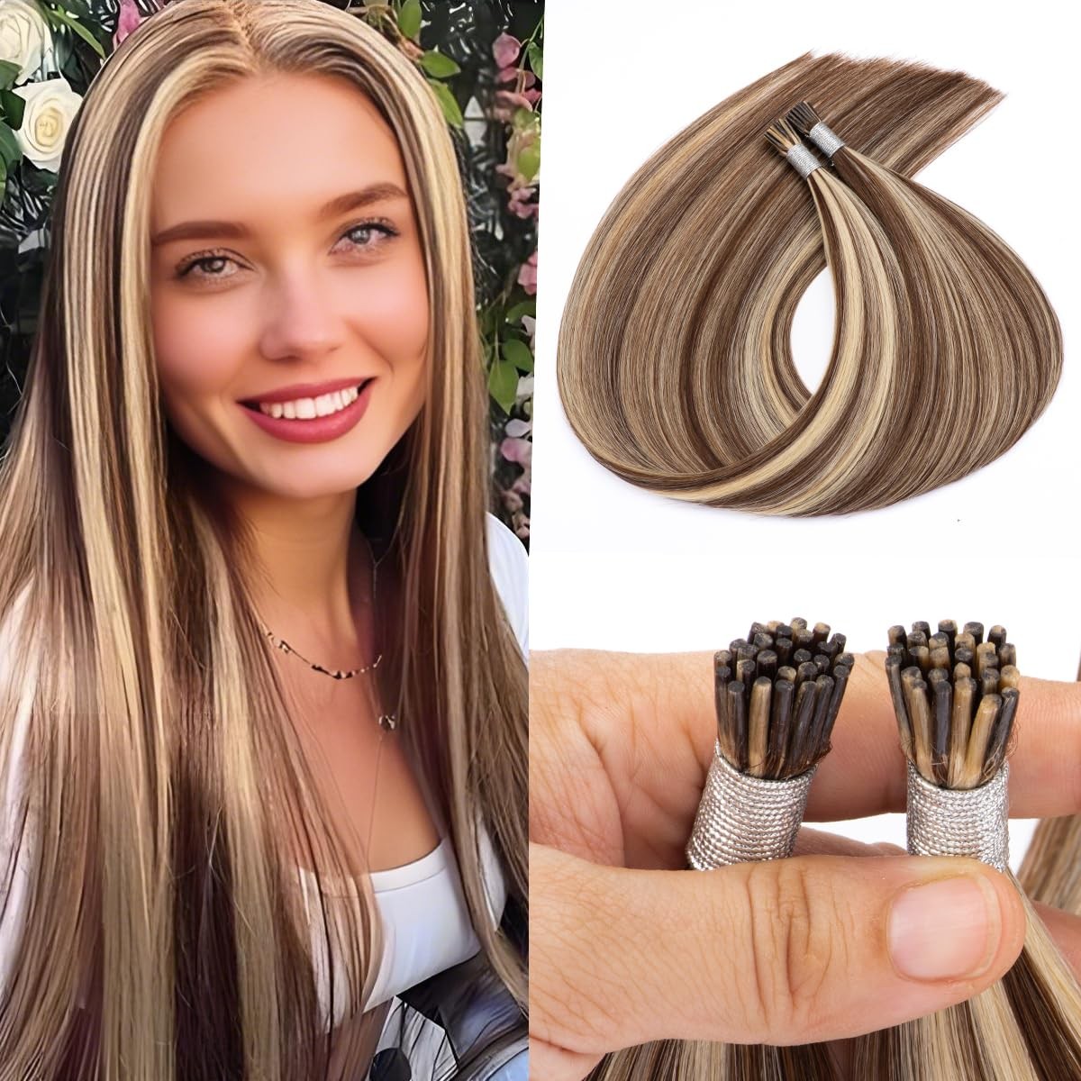 KPVXXVE blonde highlight I tip human hair extensions with brown tips, showcasing the realistic blend and natural texture.