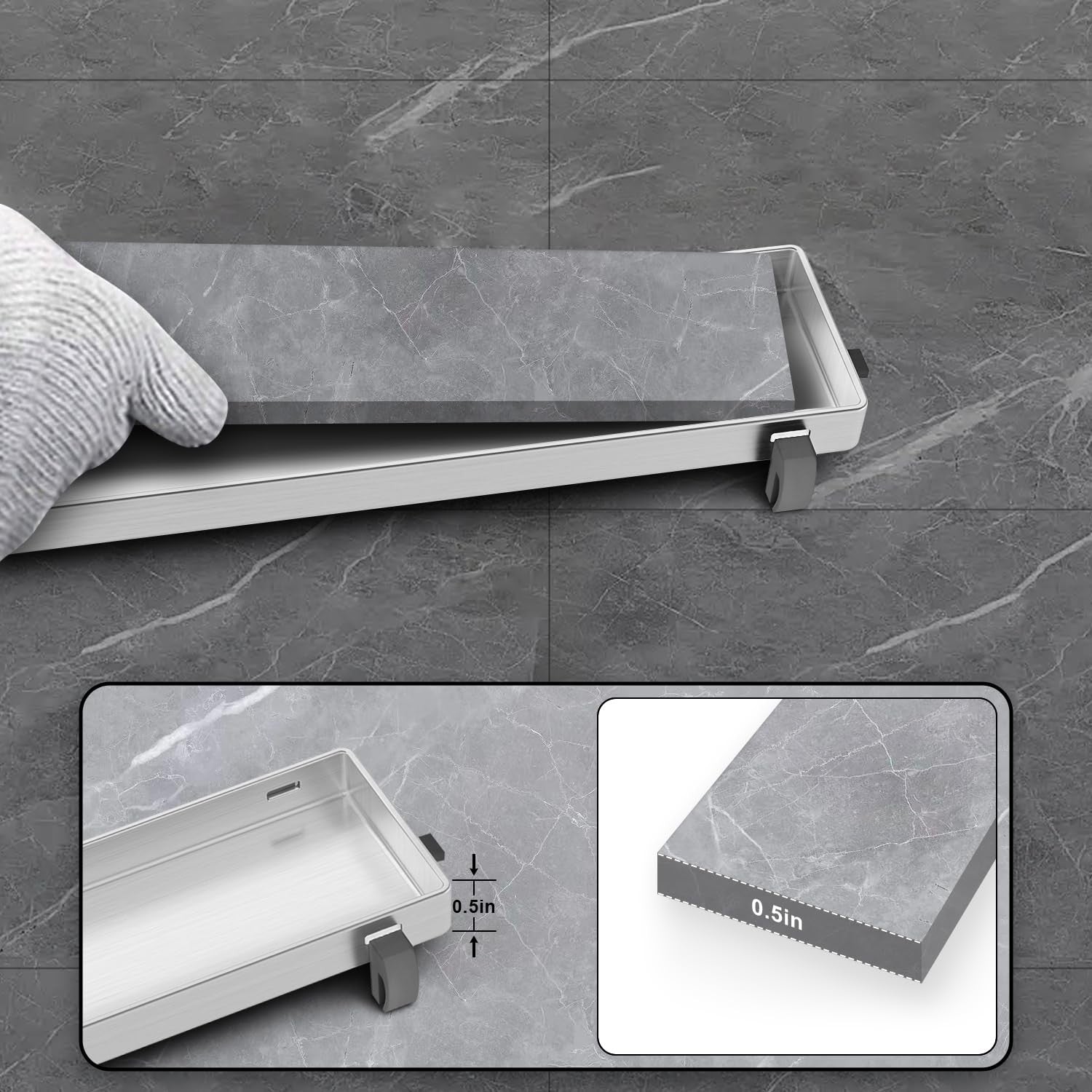 Brushed nickel 24-inch linear shower drain tile insert grate with rectangular design by Bmvlffs for modern bathroom drainage.