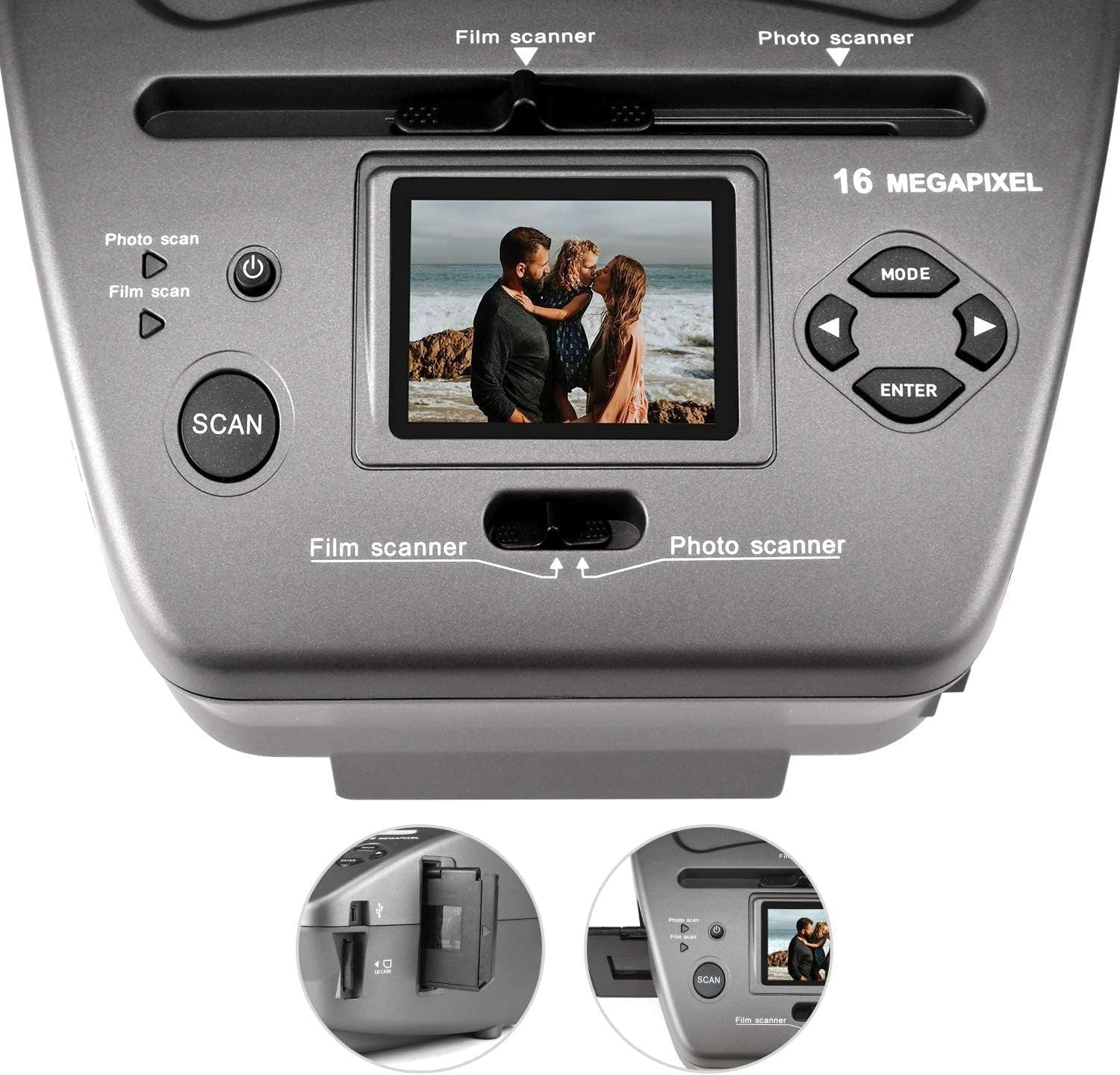 Unbranded Digitpro digital film photo scanner with 35mm slide and negative conversion, showing the device and film slides.