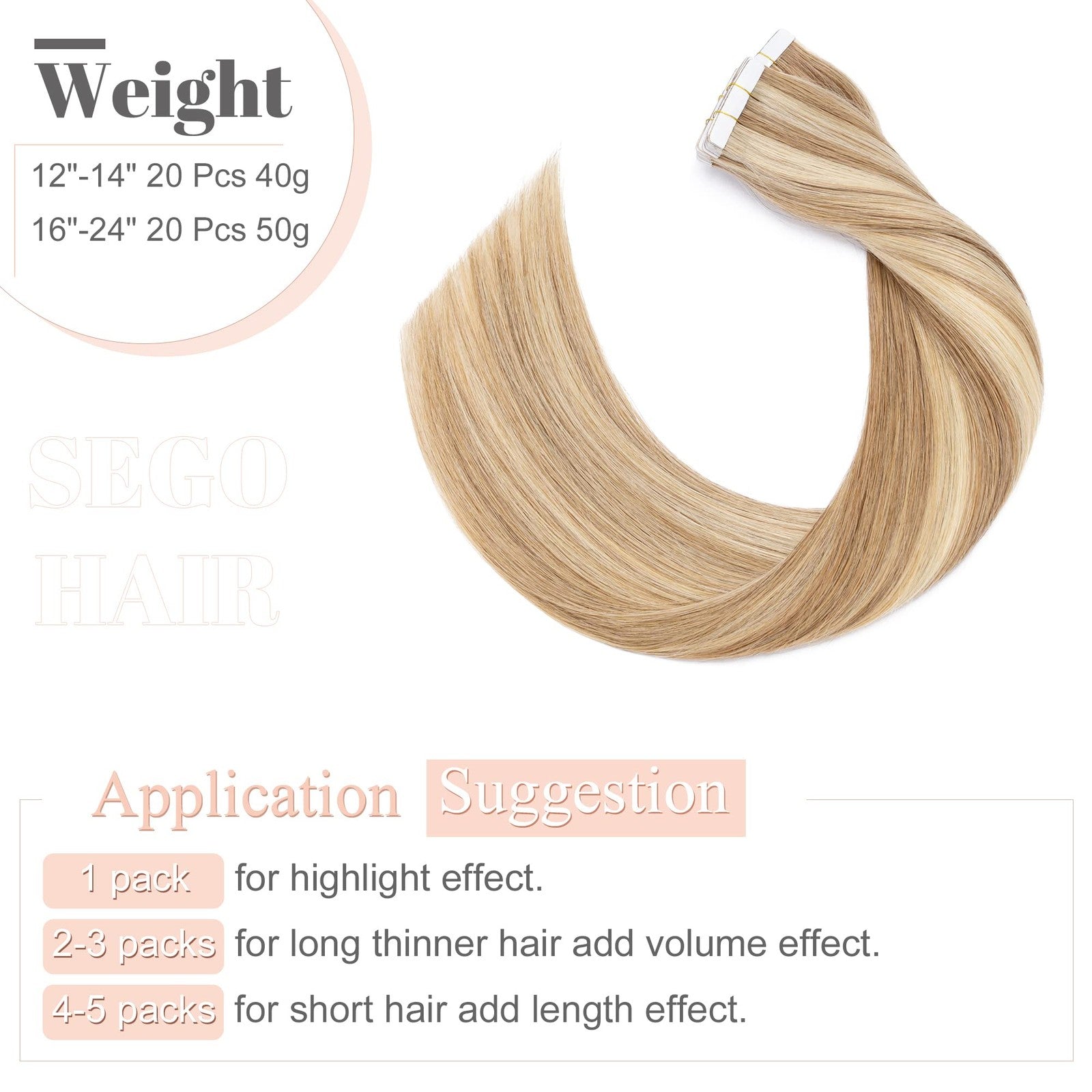 Blonde highlighted Sego Tape-In Hair Extensions, 20 pieces, 14 inch human hair extensions with natural texture and seamless application.