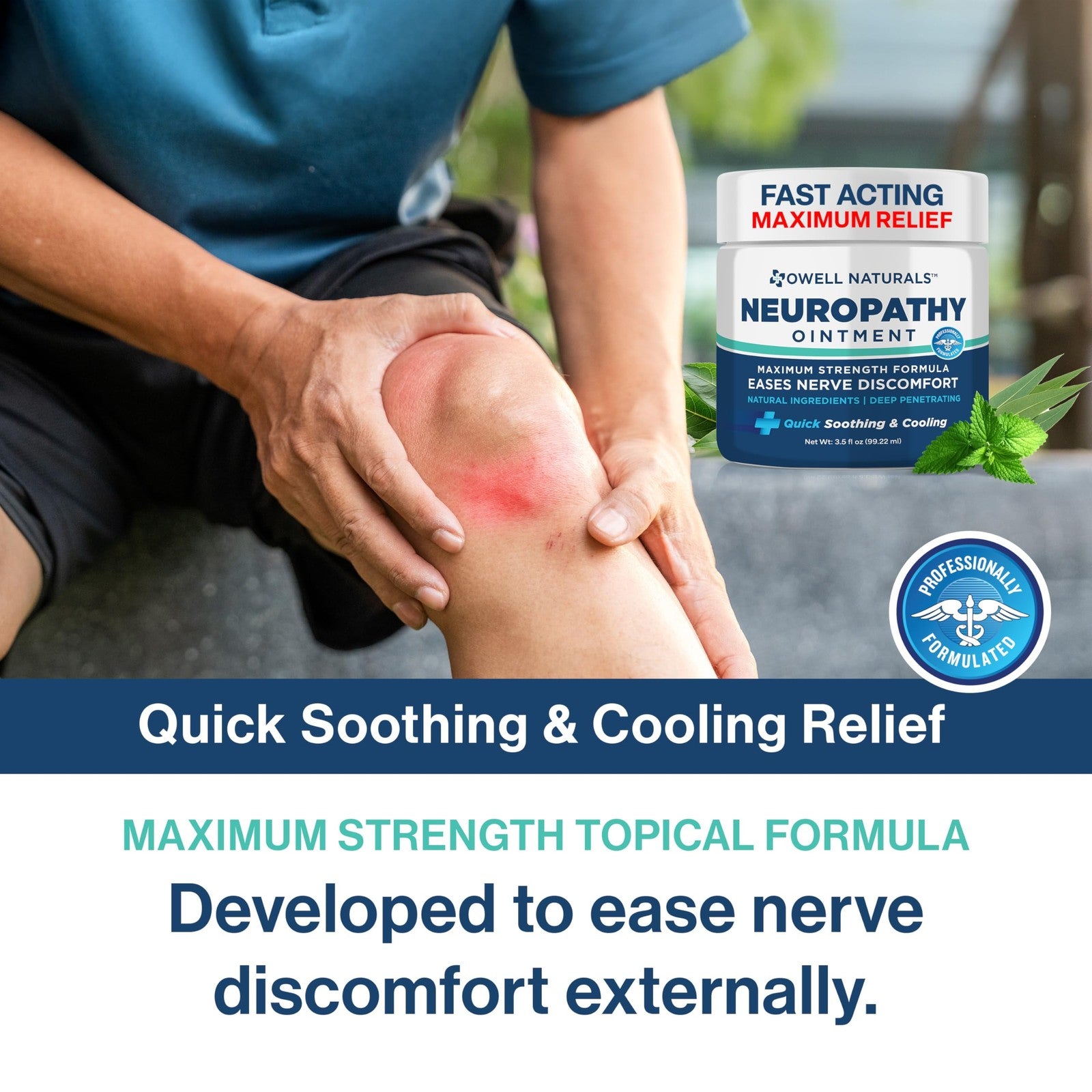 Unbranded Owell Naturals neuropathy nerve relief ointment applied to feet, fingers, hands, and toes for nerve pain relief.