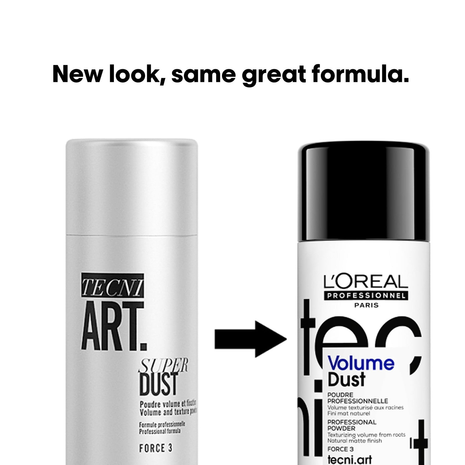 L'Oréal Professionnel Paris Volume Dust weightless powder for all hair types, shown in a container with hair styling application.