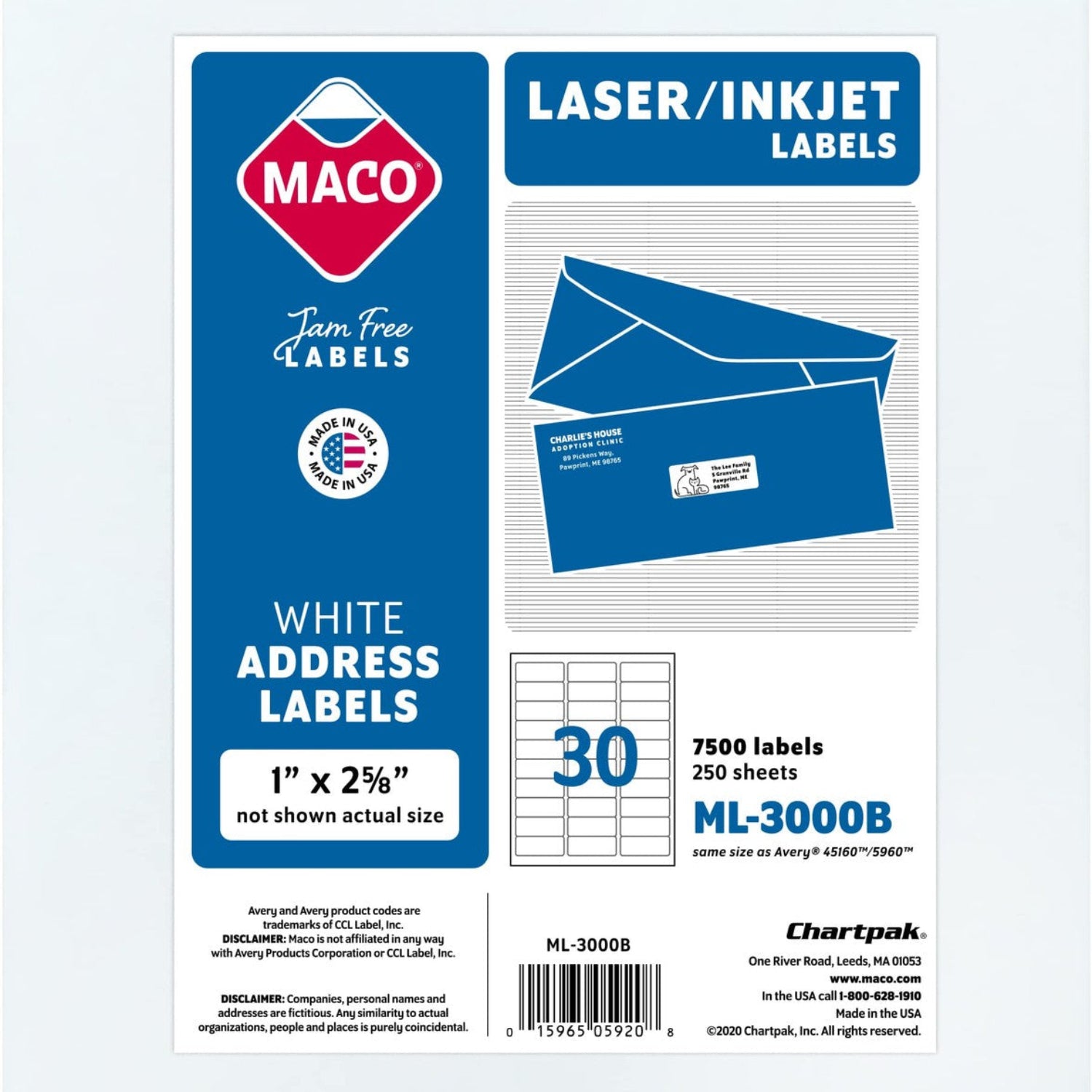 Maco printable mailing labels for laser and inkjet printers, featuring clear shipping address labels on a sheet.