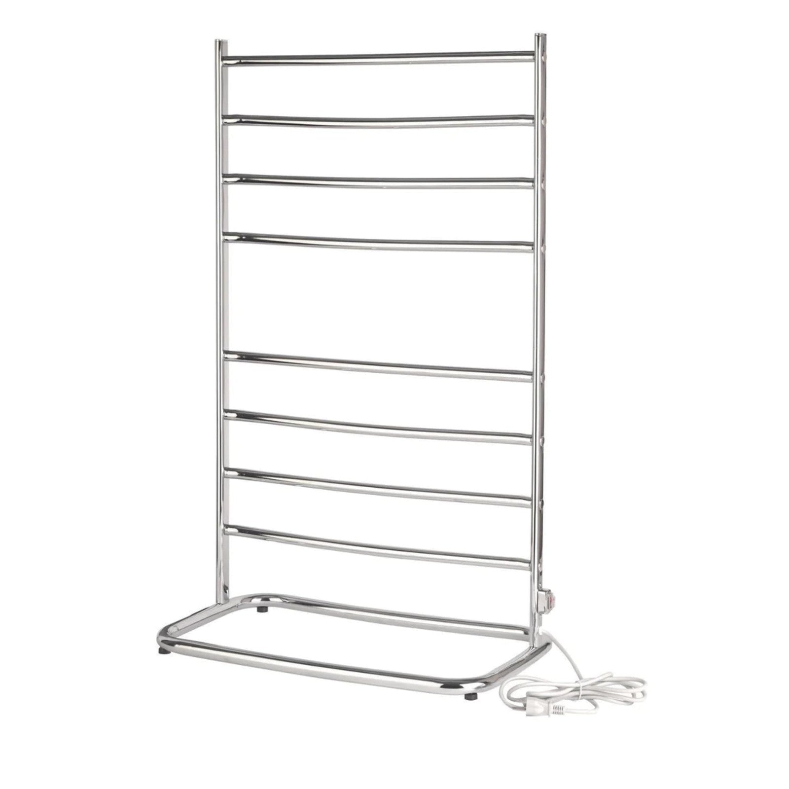 Warmrails Hyde Park free-standing towel warmer rack with multiple bars for drying and warming towels in a modern bathroom setting.
