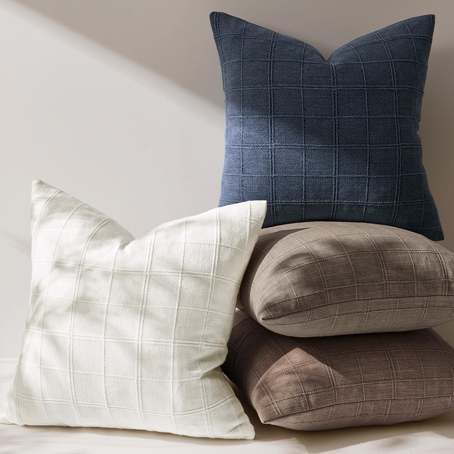 Dark blue linen check throw pillow cover by Woaboy featuring a farmhouse modern boho vintage style.