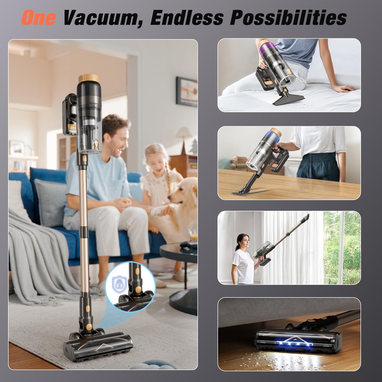 VBUOO cordless vacuum cleaner with 580W motor, 48KPA suction, self-standing design, suitable for home cleaning, 70-minute runtime