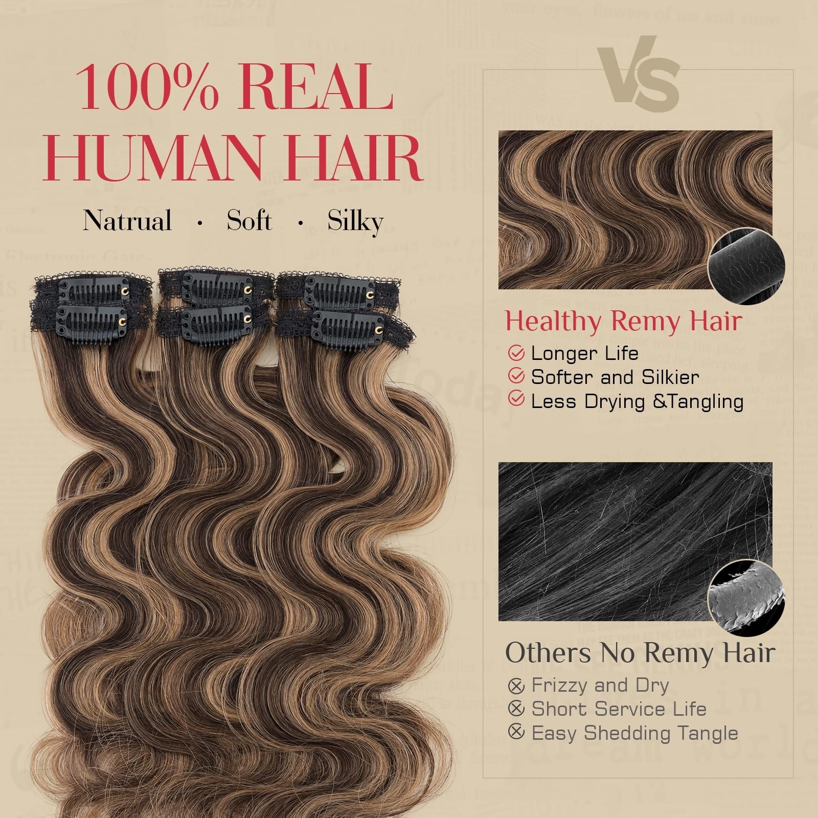 Rich Choices short clip-in hair extensions with natural wave and curly human hair, 6-piece set displayed on a model.