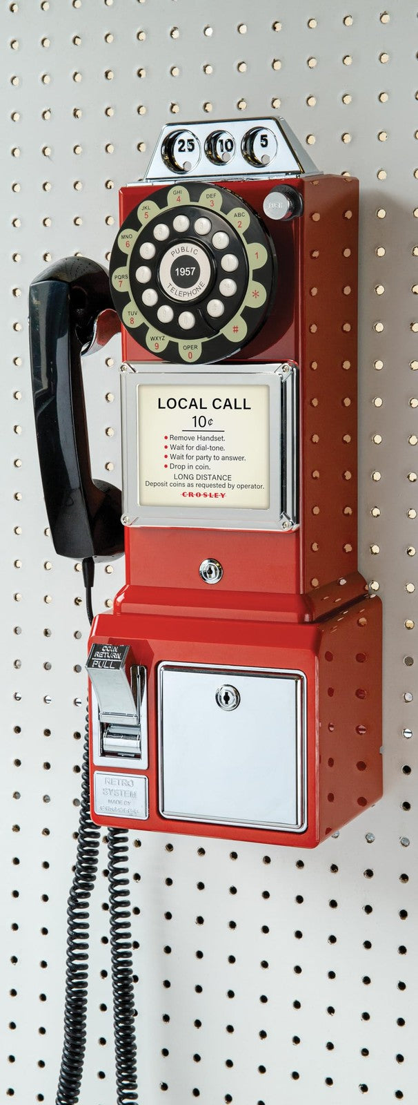 Red Crosley CR56-RE 1950s Payphone with push button technology, featuring vintage design and coin slot.