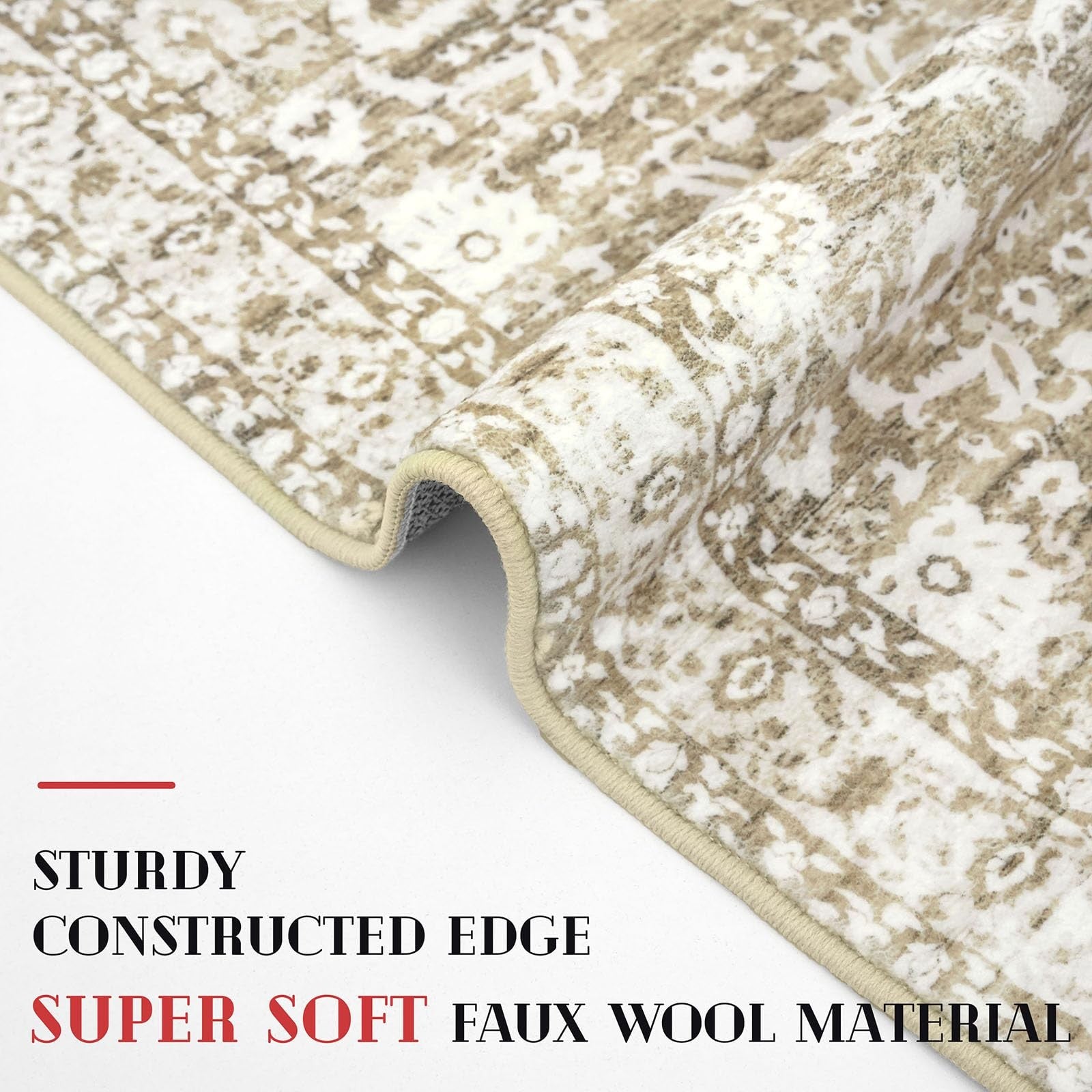 Lansny vintage floral 2x7 beige tan white washable kitchen runner rug with non-slip backing, ideal for kitchen flooring.