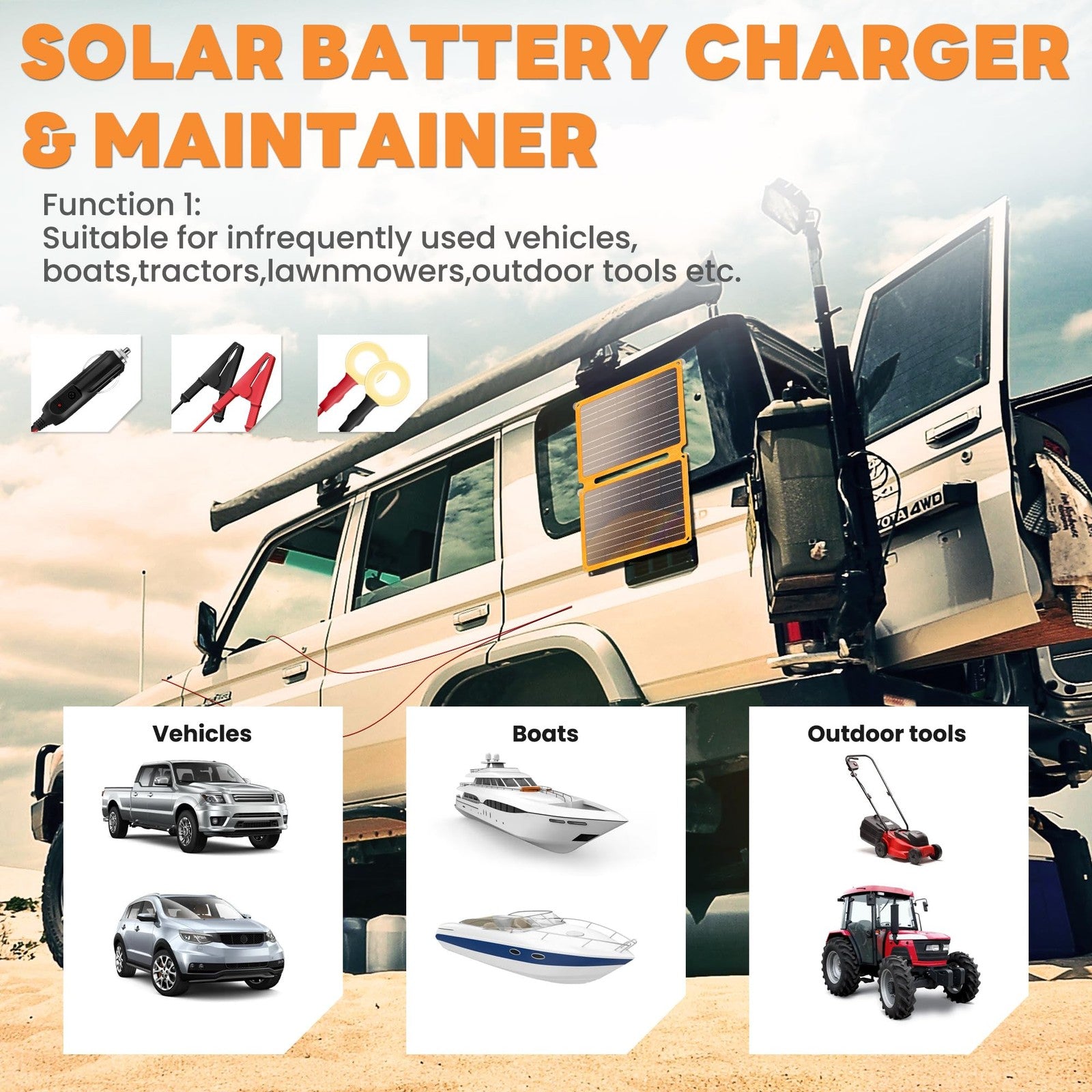 FieryRed 20W 12V solar panel car battery charger and maintainer, foldable trickle charger for vehicle batteries.