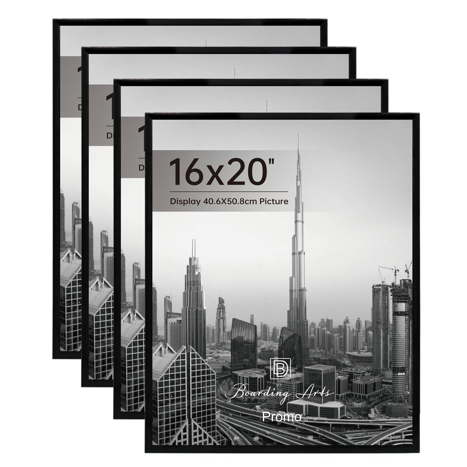 Set of four DB Boarding 16x20 poster frames with scratch-proof glass for wall display, showcasing sleek, modern picture framing.