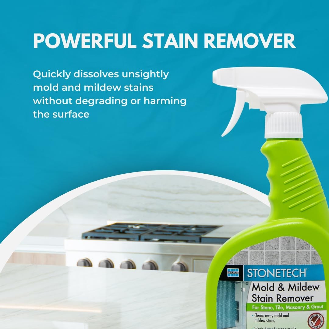 Laticrete StoneTech Mold and Mildew Stain Remover Cleaning Kit for kitchen, patio, and shower surfaces with cleaning tools and solutions.