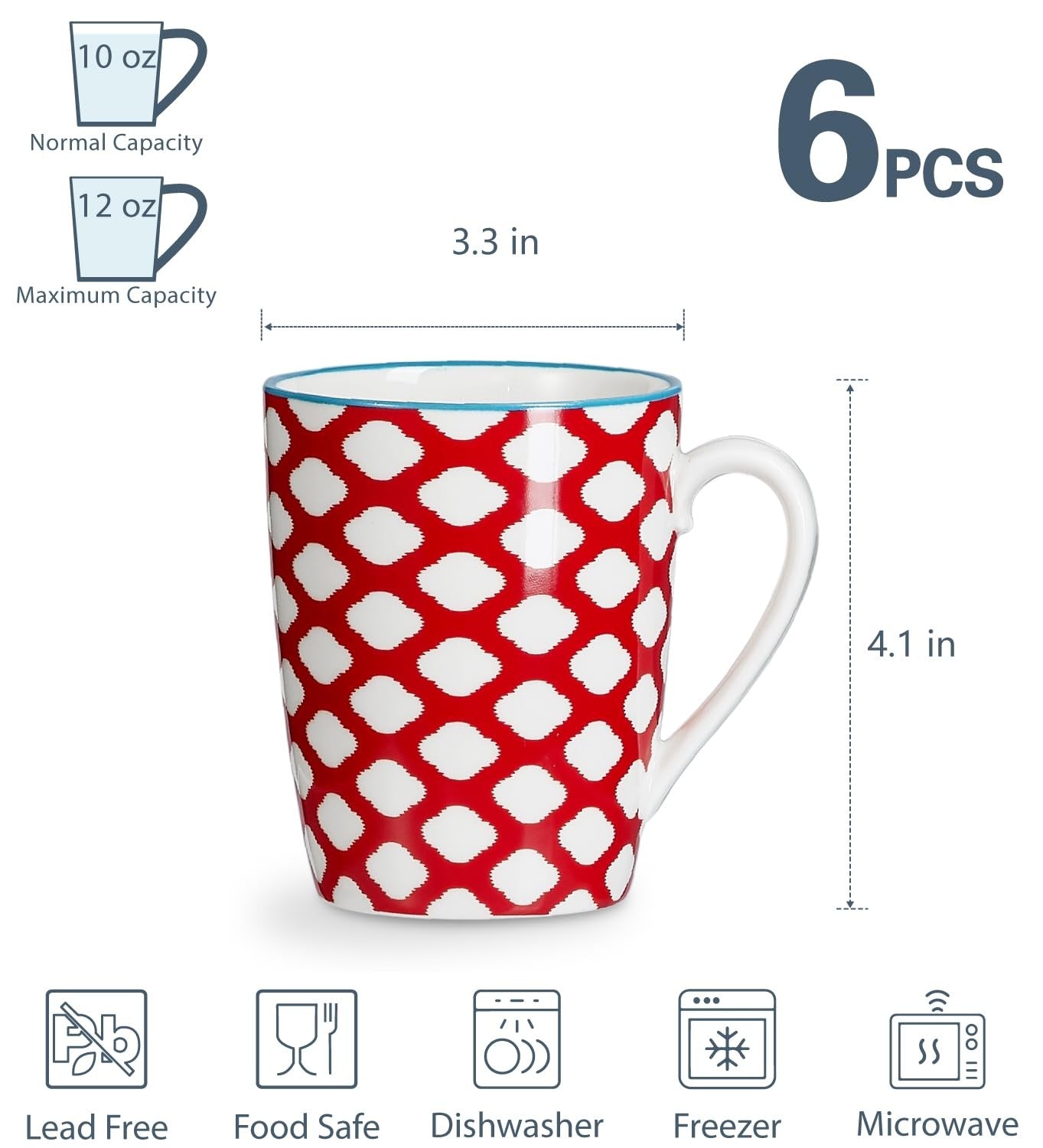 Set of six ONEMORE ceramic coffee mugs with handles, 12 oz porcelain cups featuring simple, clean design on white background.
