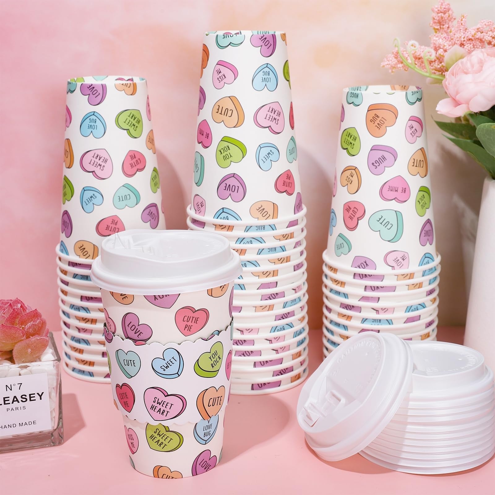 Whaline 50-pack colorful disposable coffee cups with lids and sleeves, ideal for Valentine's Day celebrations.