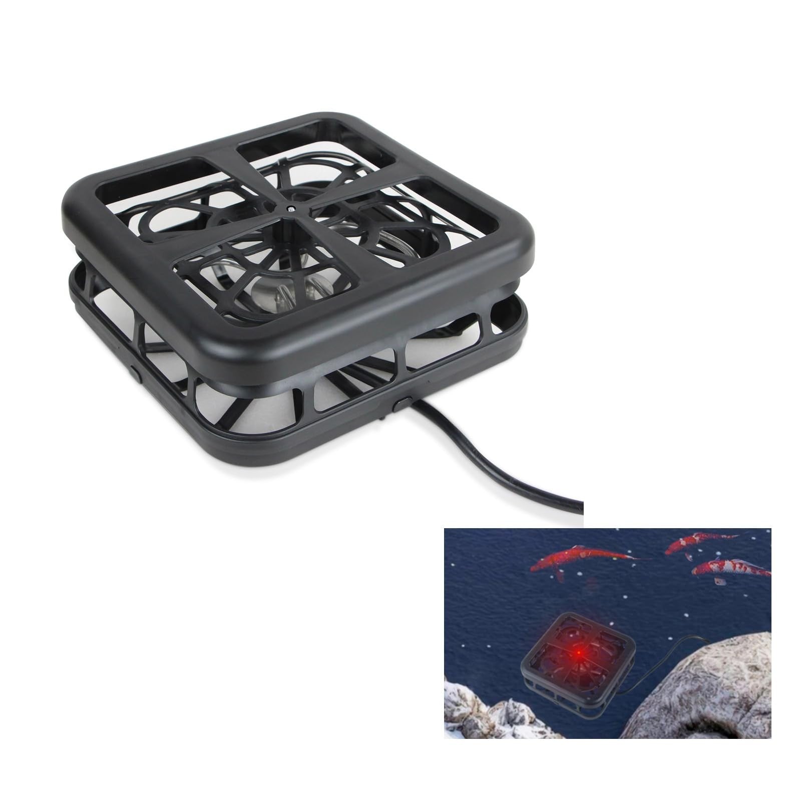 MAPOTAD 500W pond de-icer for outdoor ponds, with control for winter fish survival, shown installed in a pond environment