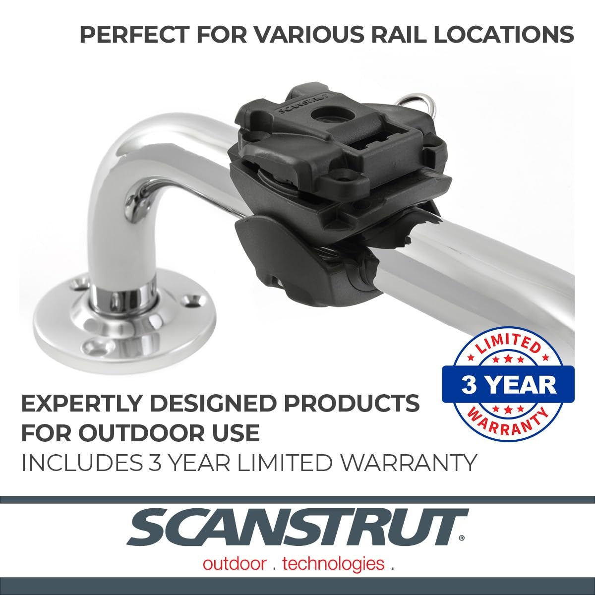 Scanstrut RLS-402 Rokk Mini Rail Mount attached to a boat rail for secure device mounting on marine vessels.