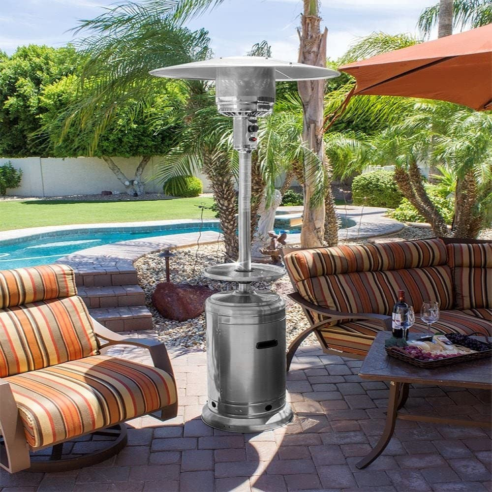 Hiland HLDS01-BST propane patio heater with wheels, table, 48,000 BTU, and 33-inch aluminum body, ready for outdoor warmth