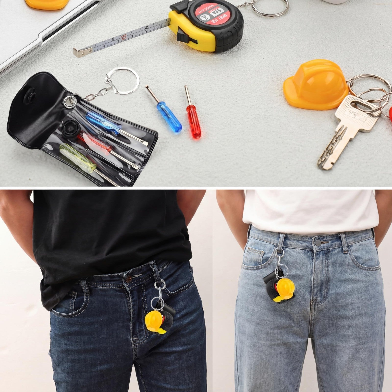 Set of Jutom 72-piece mini tape measure and screwdriver keychains, featuring construction helmets and tools in a bulk collection.