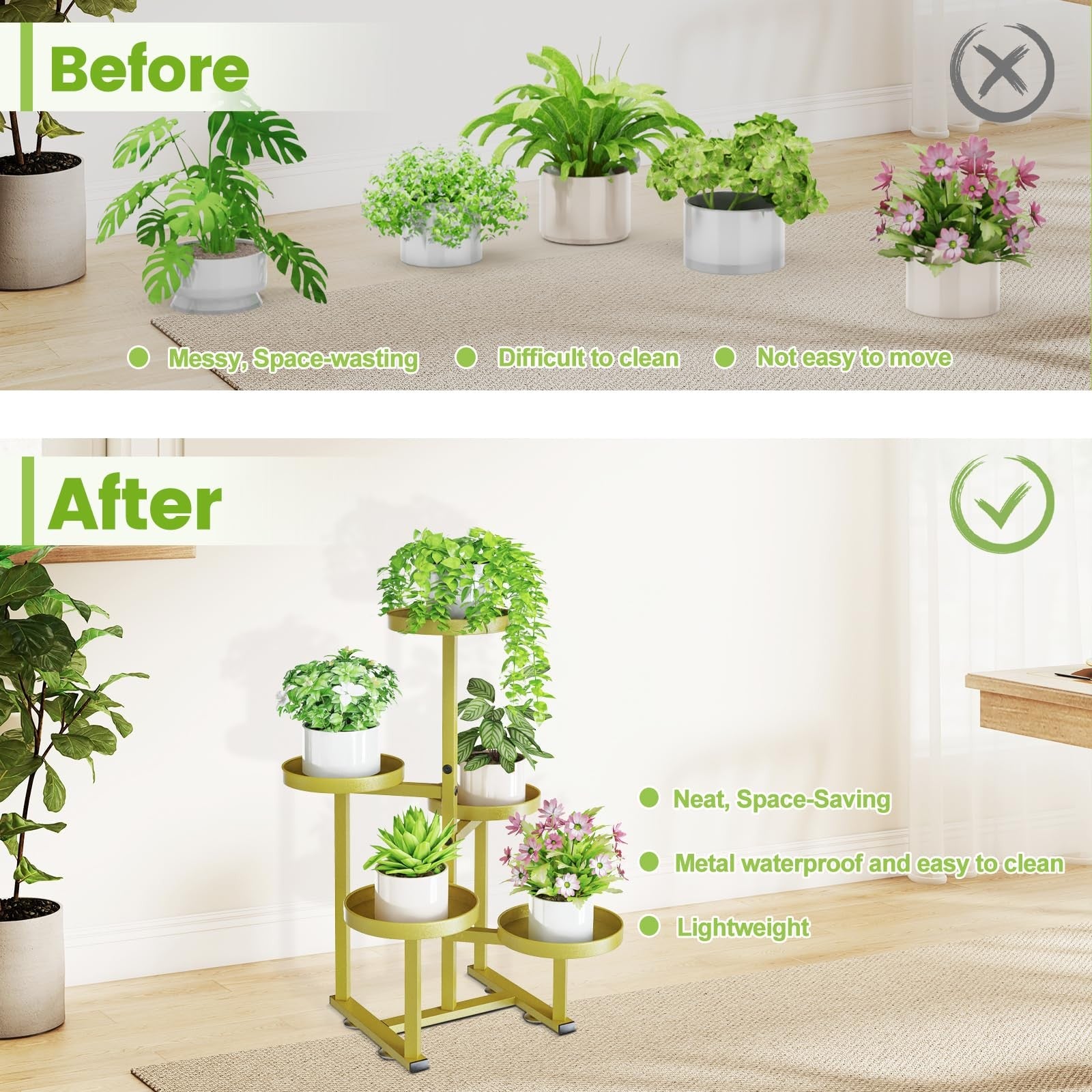Jsyonii 5-tier gold plant stand with metal shelves, suitable for indoor and outdoor corner display of potted plants.