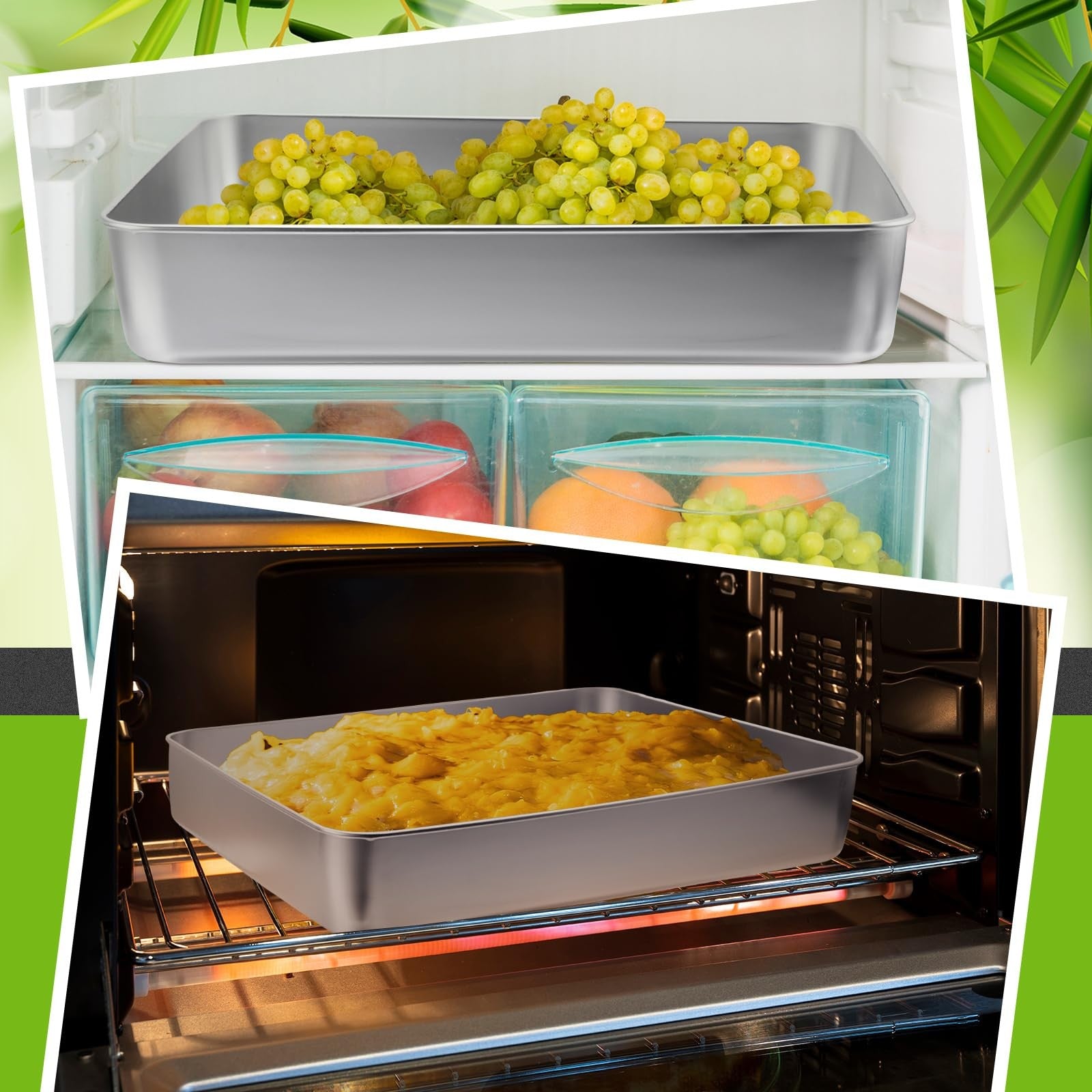 Tioncy stainless steel cake pans with lids in 13, 11, and 9-inch rectangle shapes, suitable for baking and baking storage.