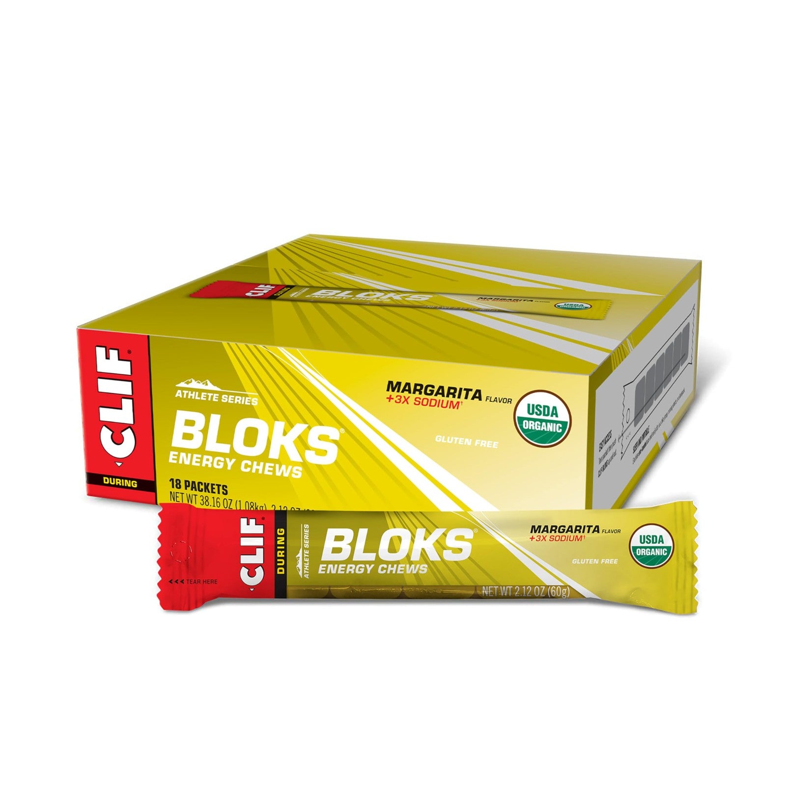 Clif Bloks Margarita energy chews in an 18-pack, non-GMO, plant-based with electrolytes, shown in a close-up image.