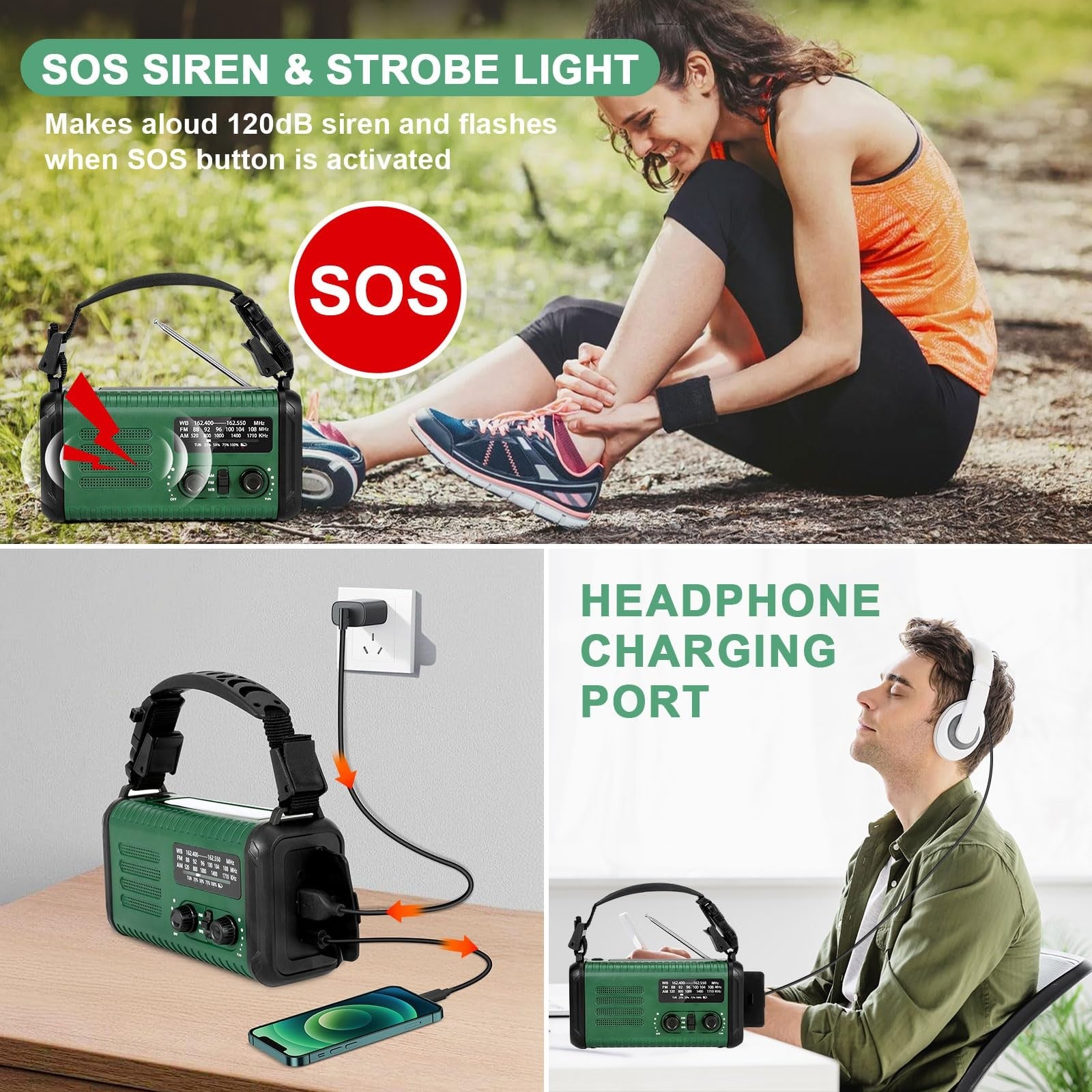 Leaton hand crank emergency radio with NOAA weather alert, AM/FM radio, solar power, and 20000mAh battery for disaster preparedness