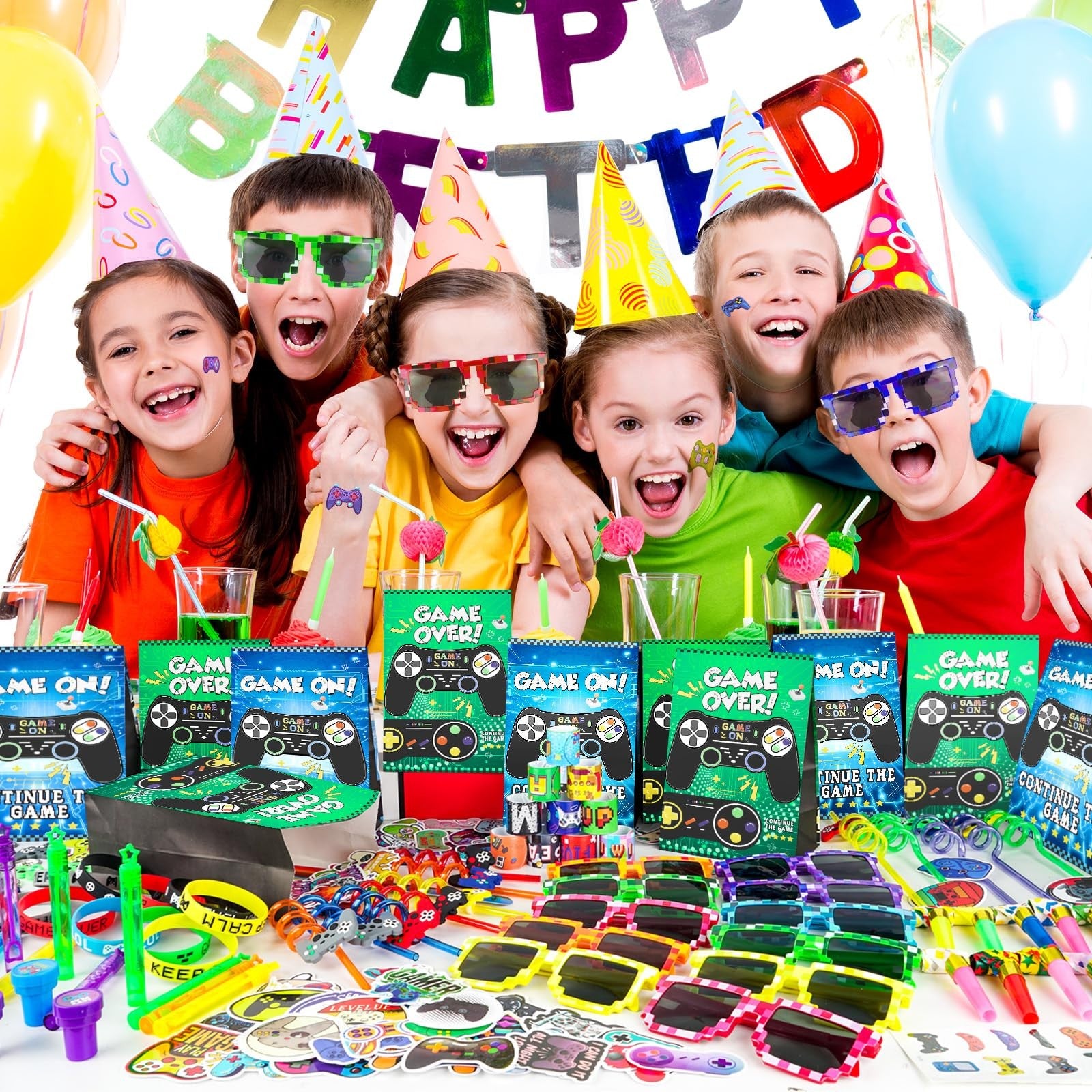 We1stdsee 158-piece video game party favors kit with gamer goodie bags and toys for 12 guests, gaming-themed party supplies.