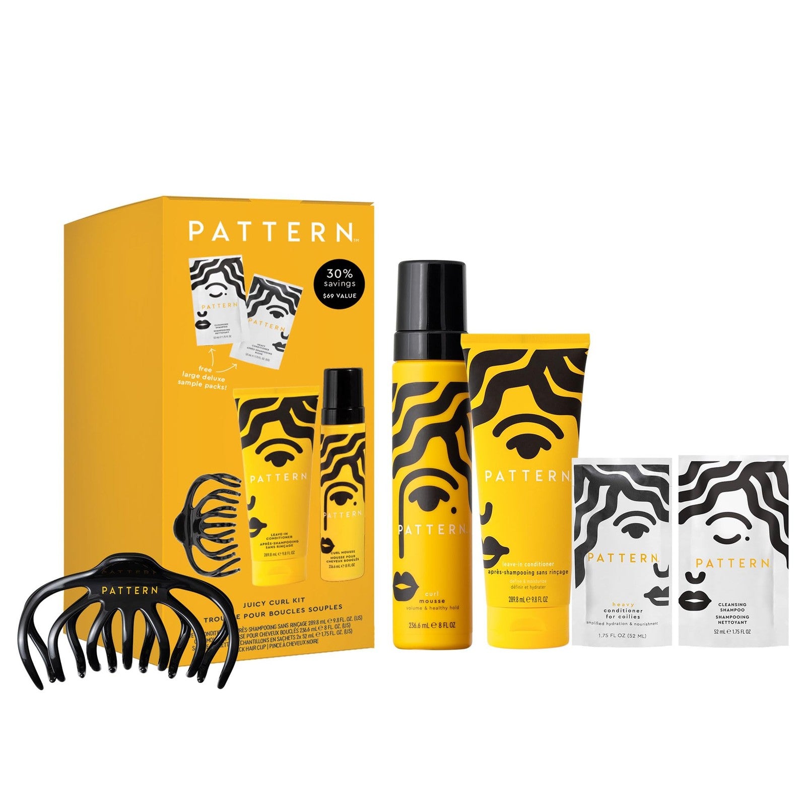 PATTERN Beauty Juicy Curl Kit for curly and coily hair, featuring products for 3a to 4c curl patterns, with styling and moisturizing options.